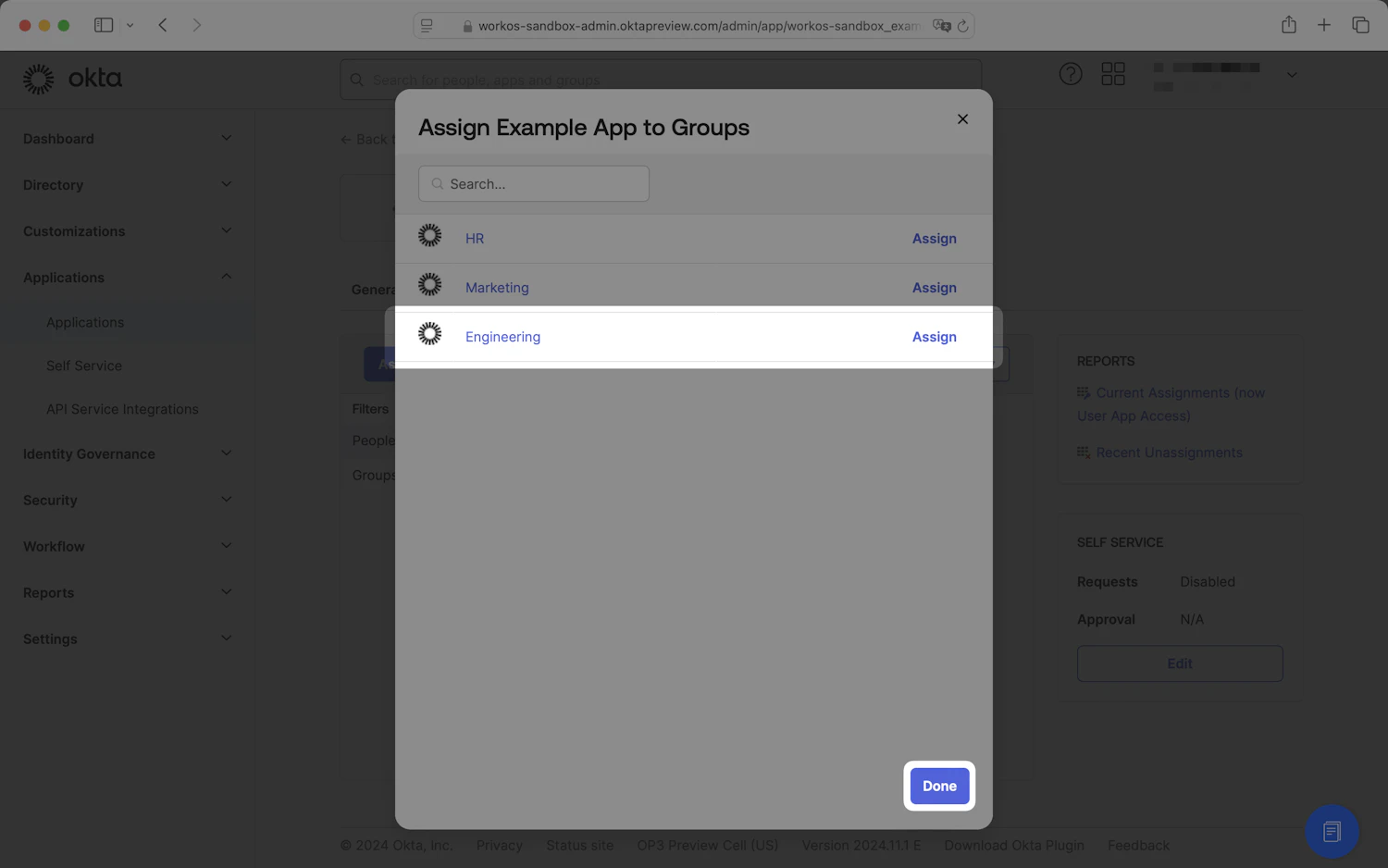 A screenshot showing the selecting of groups to add to the Application in the Okta Dashboard.