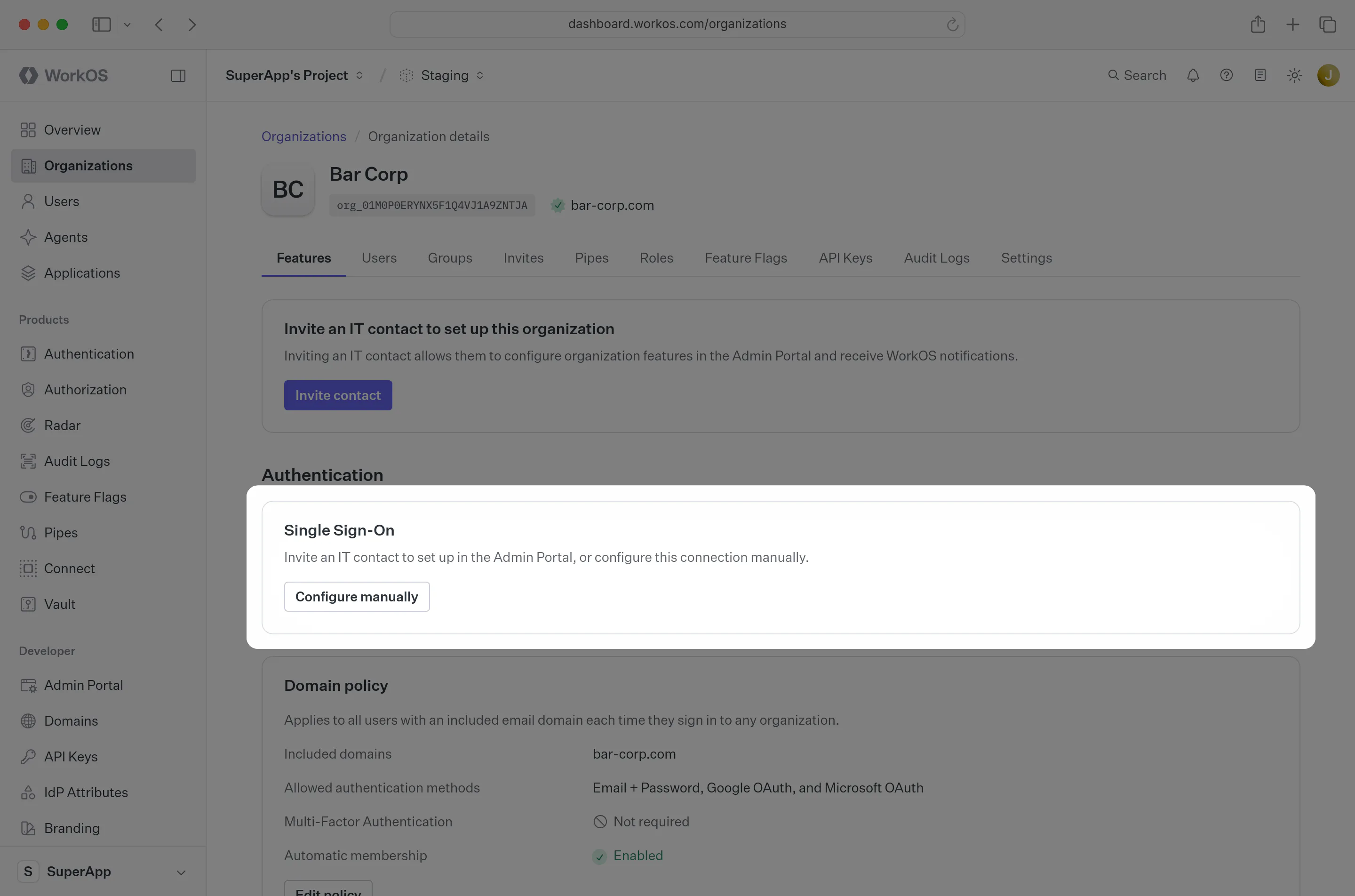 A screenshot showing how to add an SSO connection in the WorkOS Dashboard.