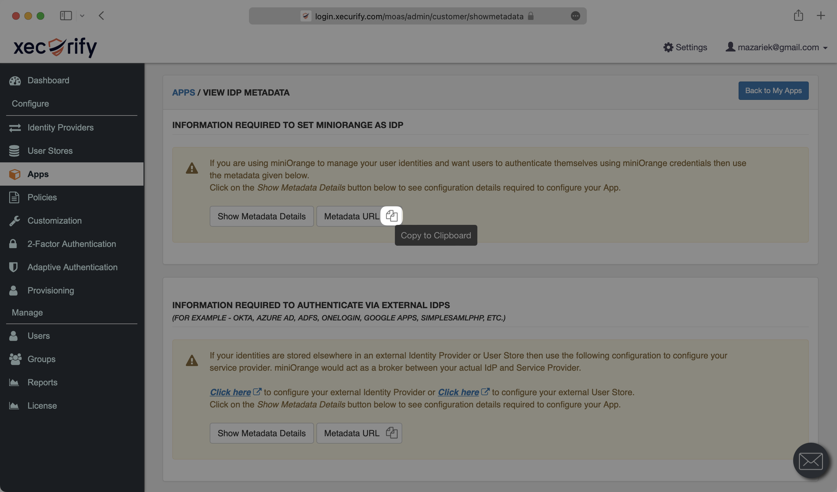 A screenshot showing where to copy the Metadata URL in the miniOrange dashboard.