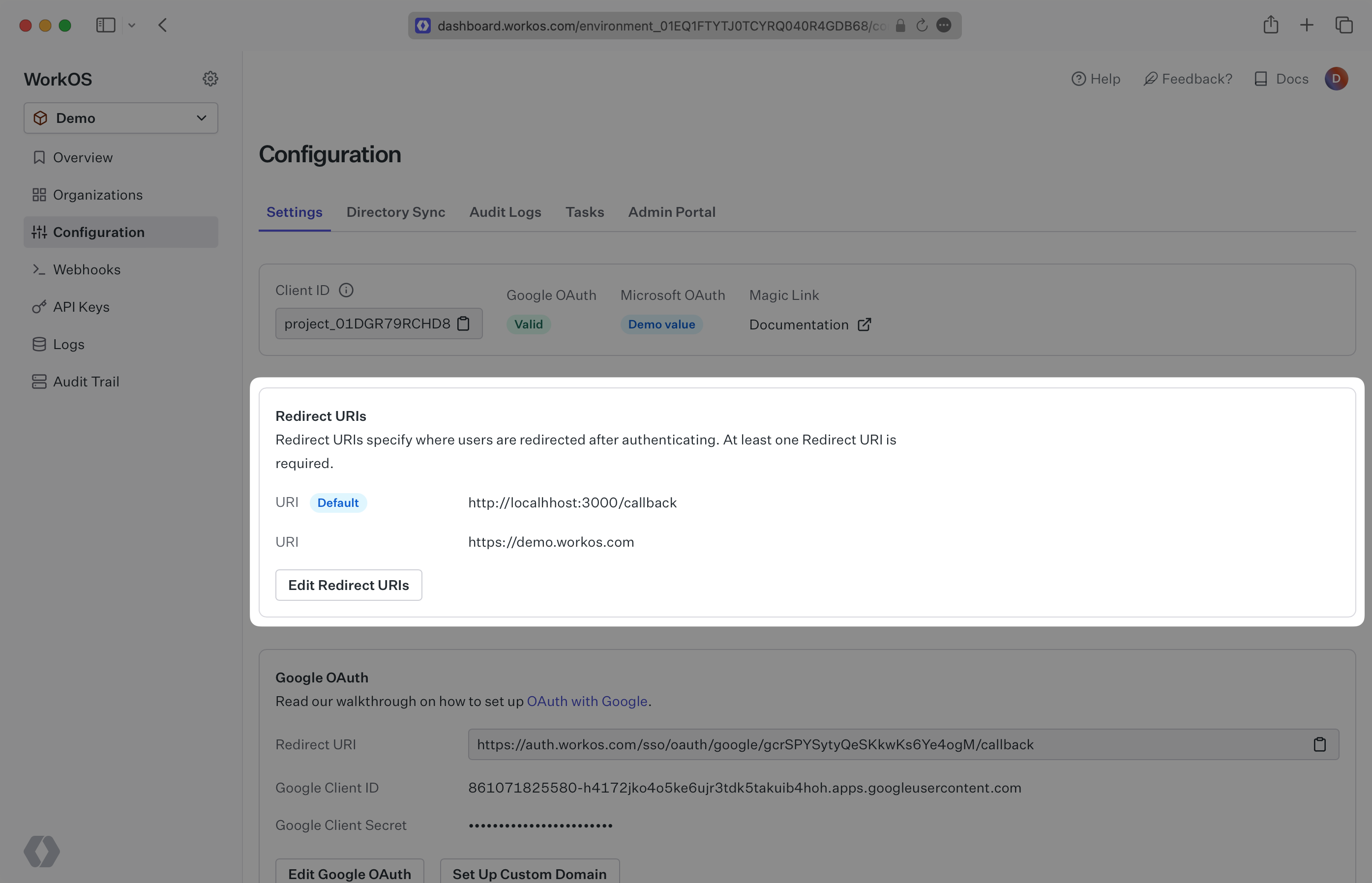 A screenshot showing where to add a callback in the WorkOS Dashboard.