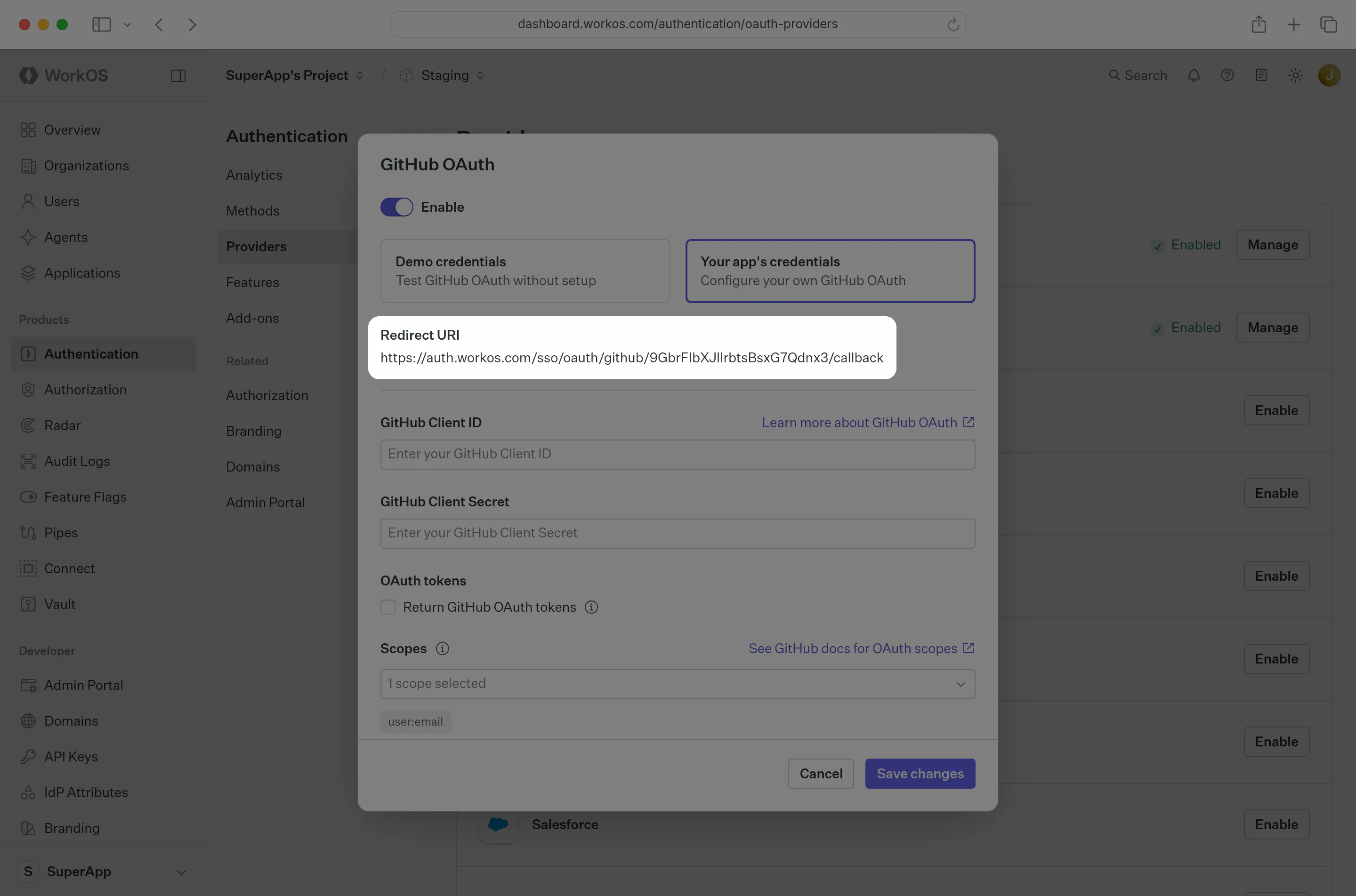 GitHub OAuth Redirect URI in the WorkOS Dashboard