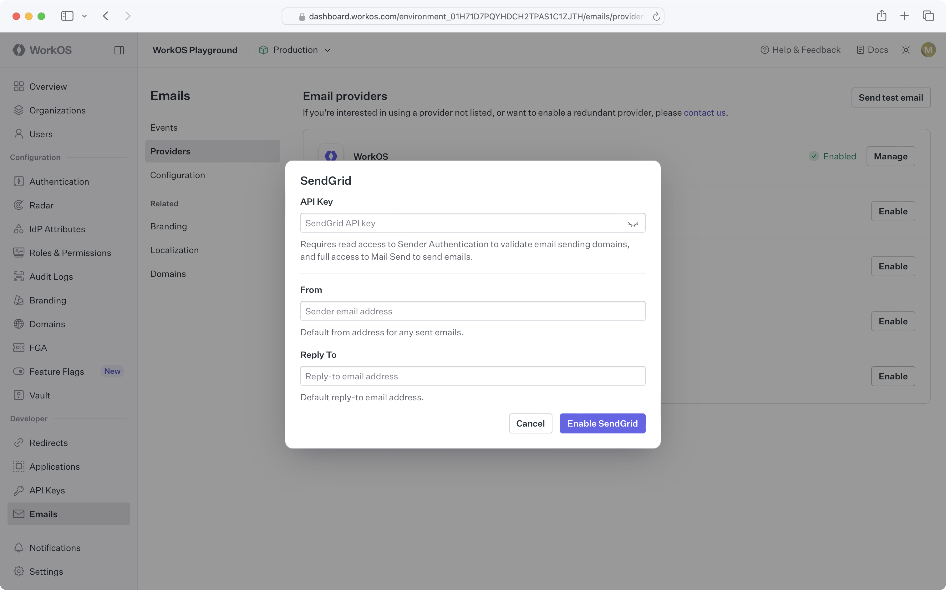 A screenshot showing the SendGrid custom email provider configuration