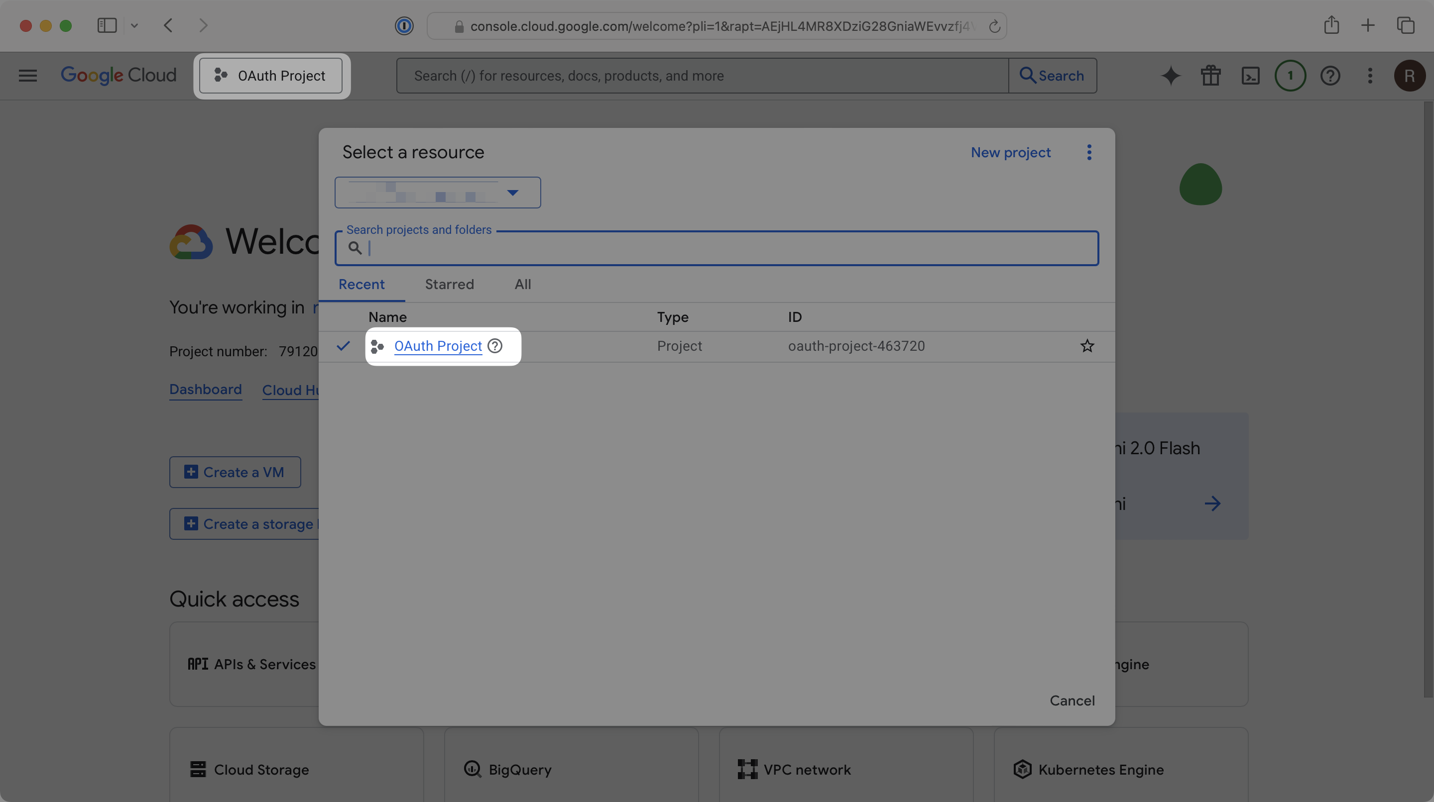 How to select your application in the Google Cloud Platform Console Dashboard.