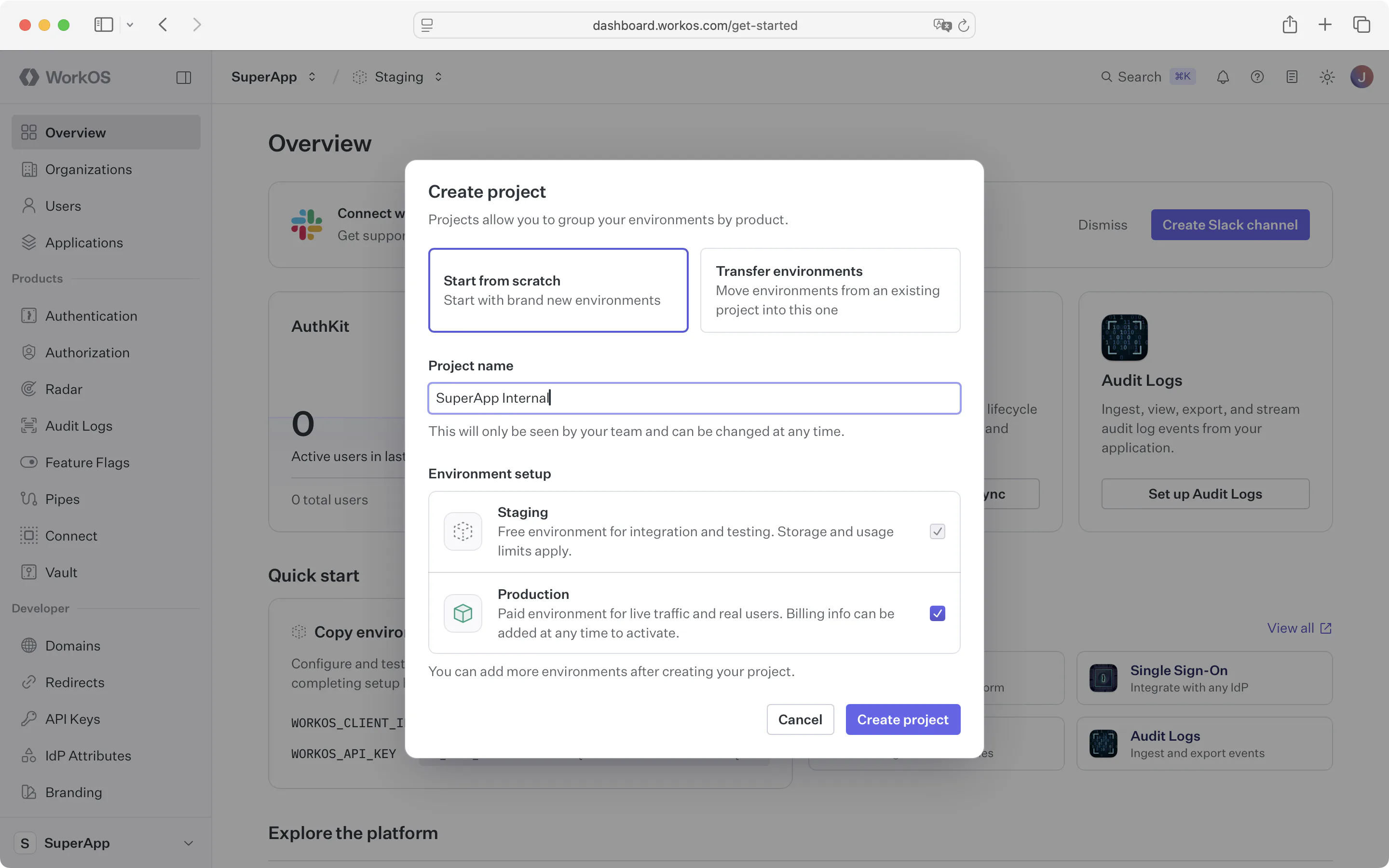 Create project from scratch dialog