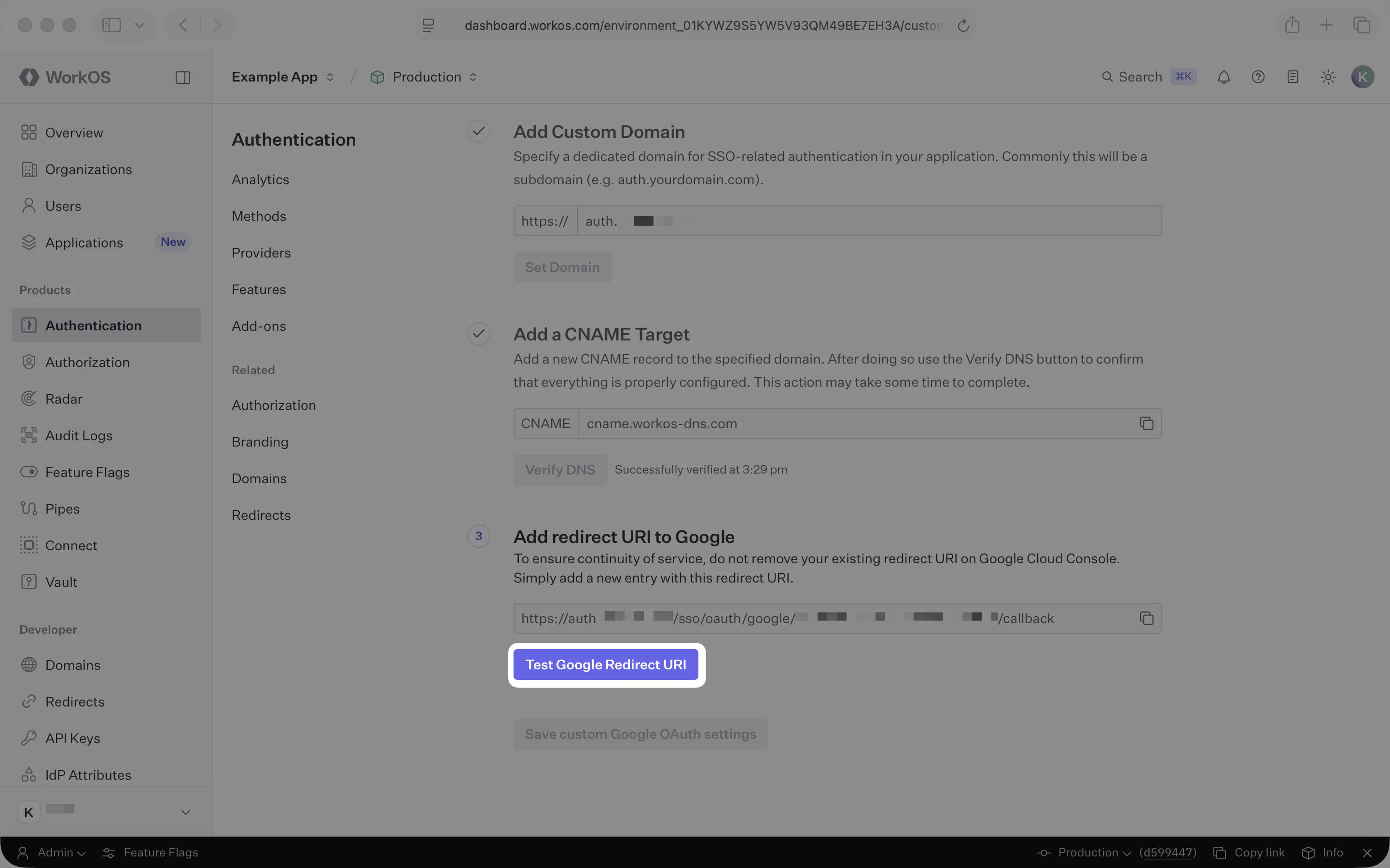 Image showing The Test Google Redirect URI button in the WorkOS Dashboard.