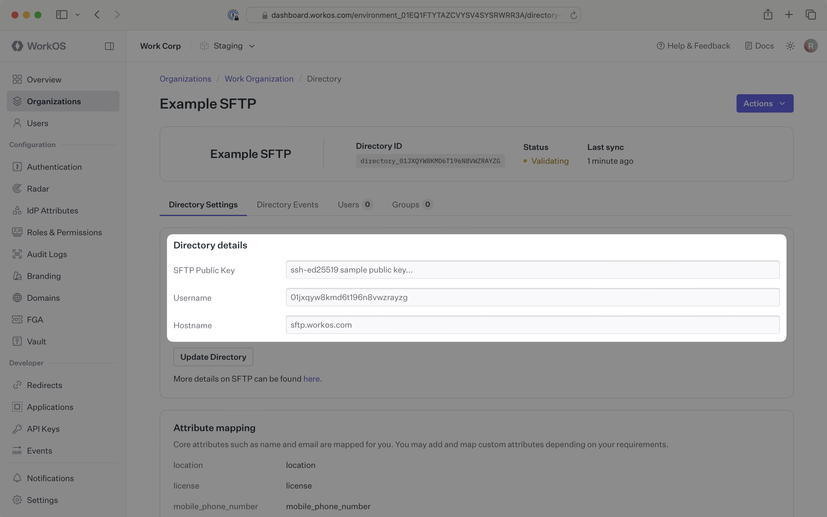 SFTP directory details in the WorkOS Dashboard.