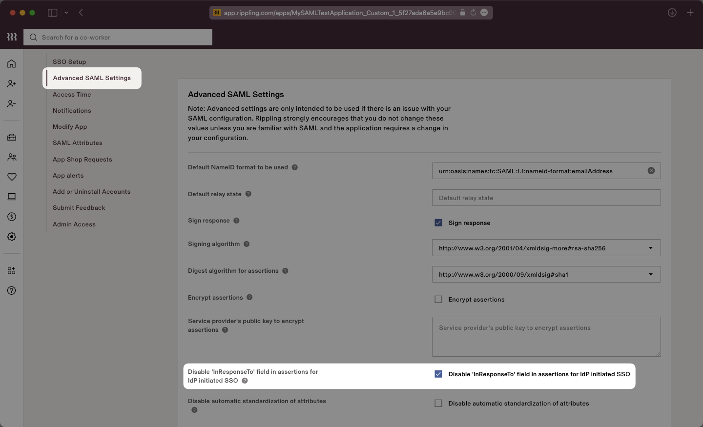 A screenshot showing where to enable the "Disable 'InResponseTo' field in assertions for IdP initiated SSO" setting in the Rippling dashboard.