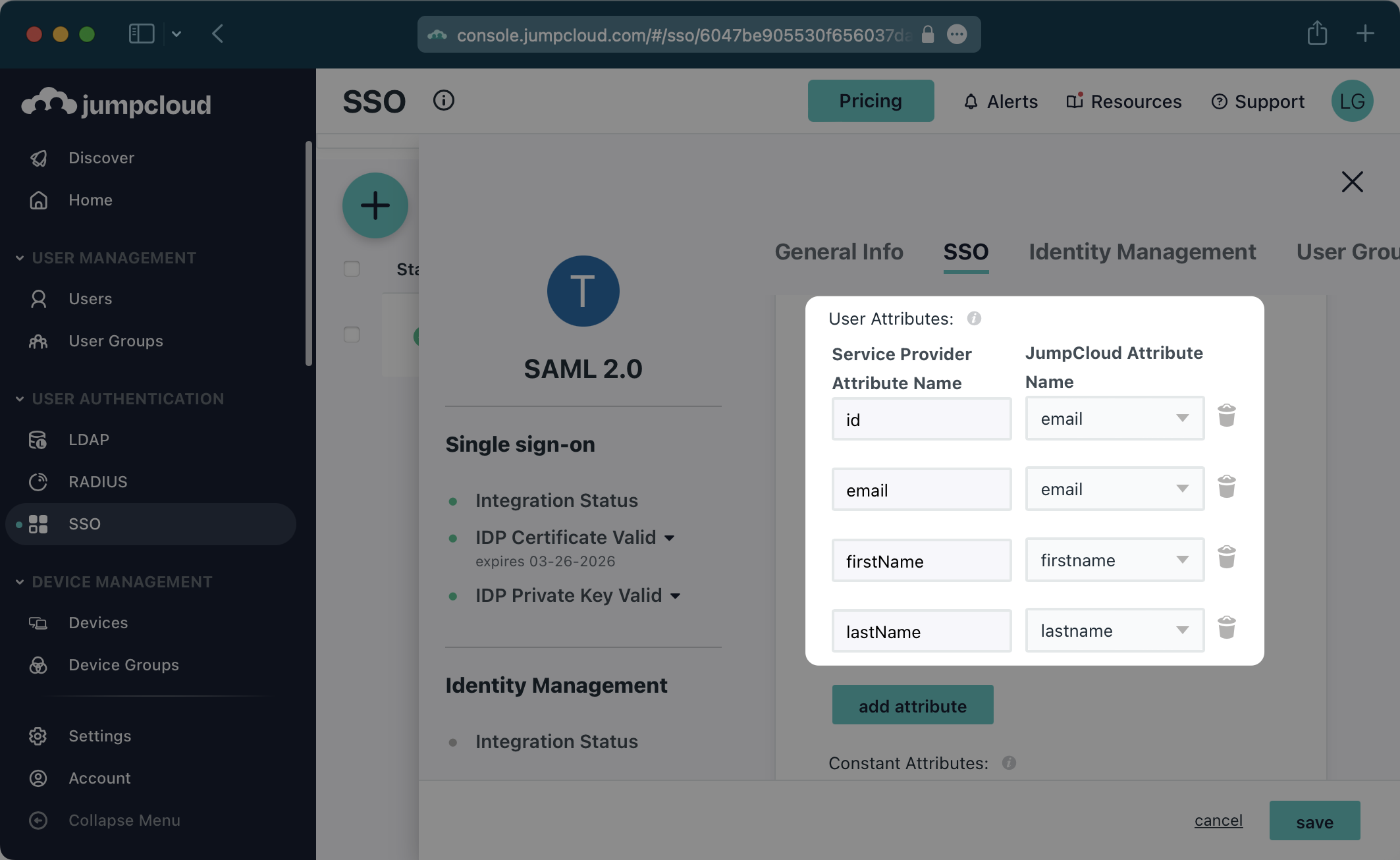 A screenshot showing user attribute mapping in the JumpCloud dashboard.