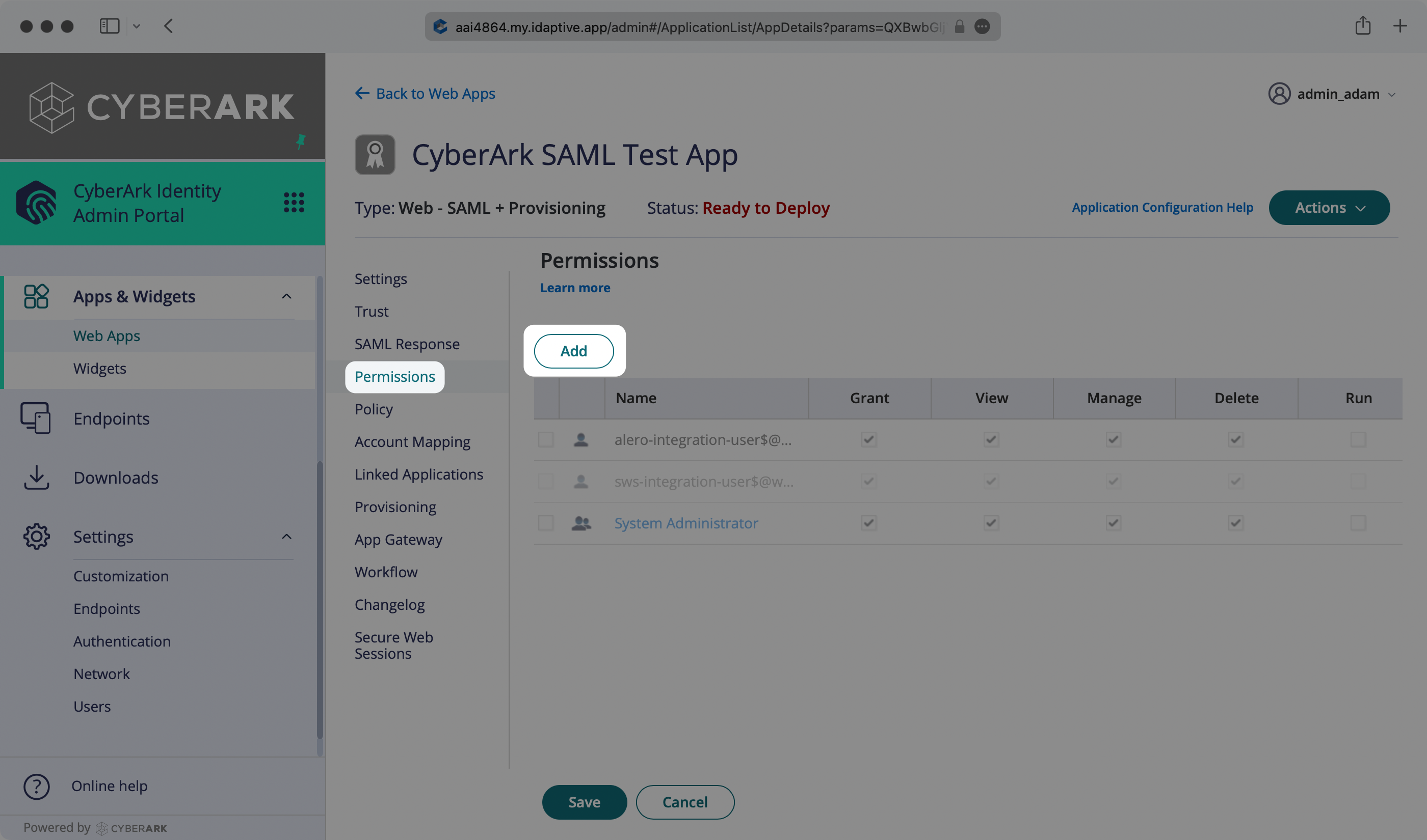 A screenshot showing where to select "Add" in the "Permissions" tab of the application in the CyberArk dashboard.