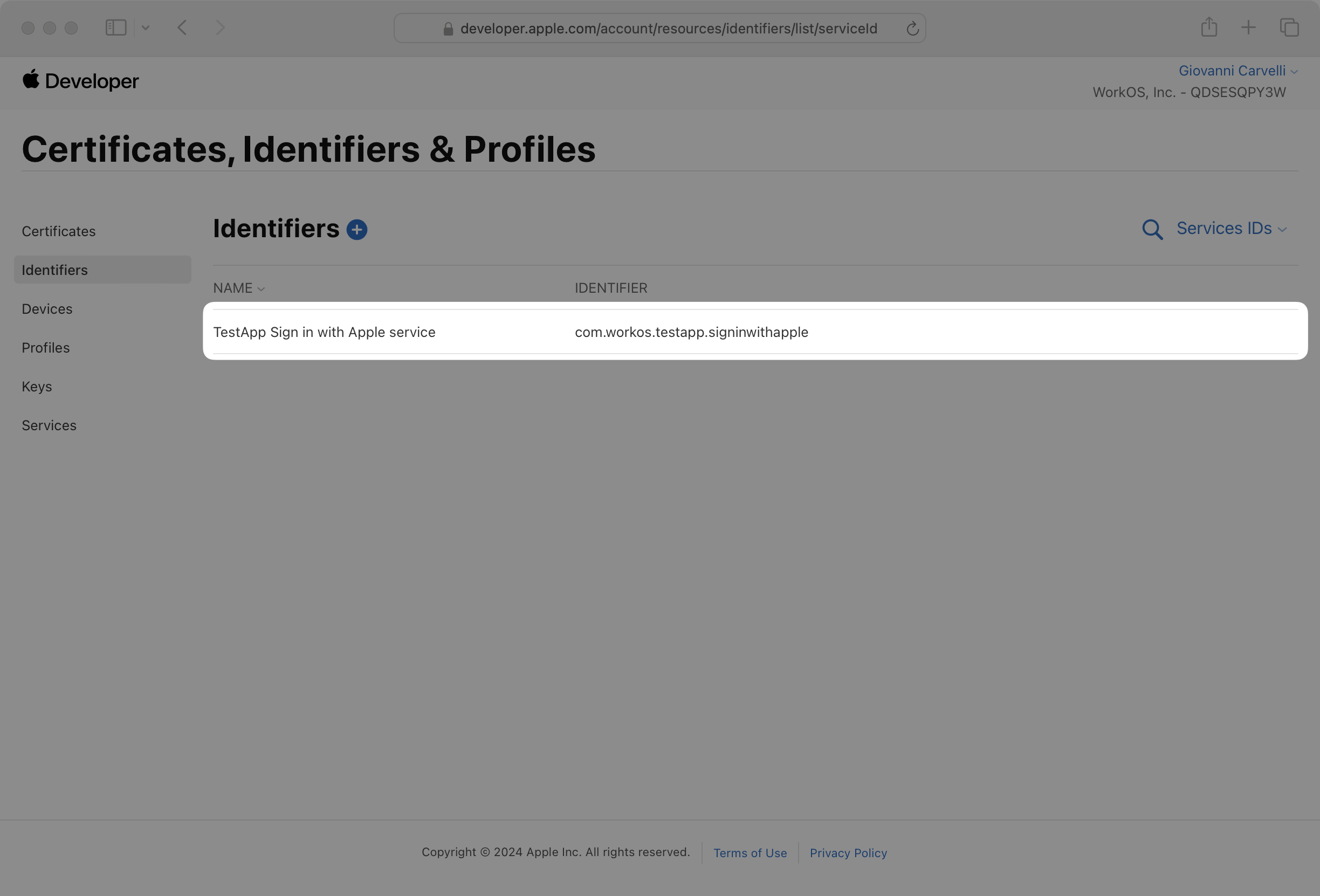Identifiers page in the Apple Developer dashboard with the newly created Service ID highlighted.