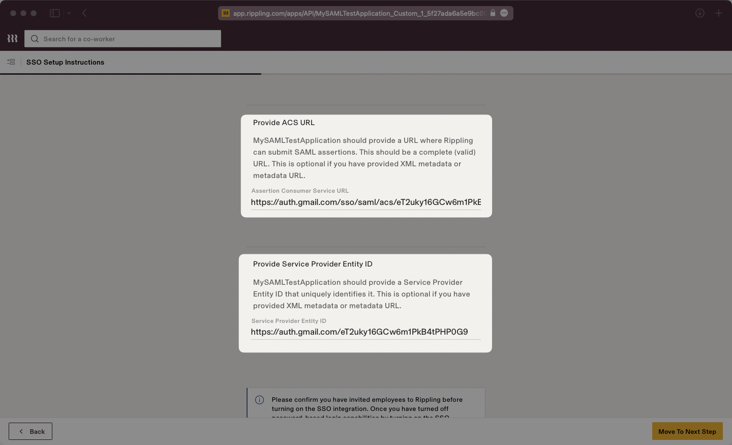 A screenshot showing where to input the WorkOS ACS URL and SP Entity ID in the Rippling dashboard.