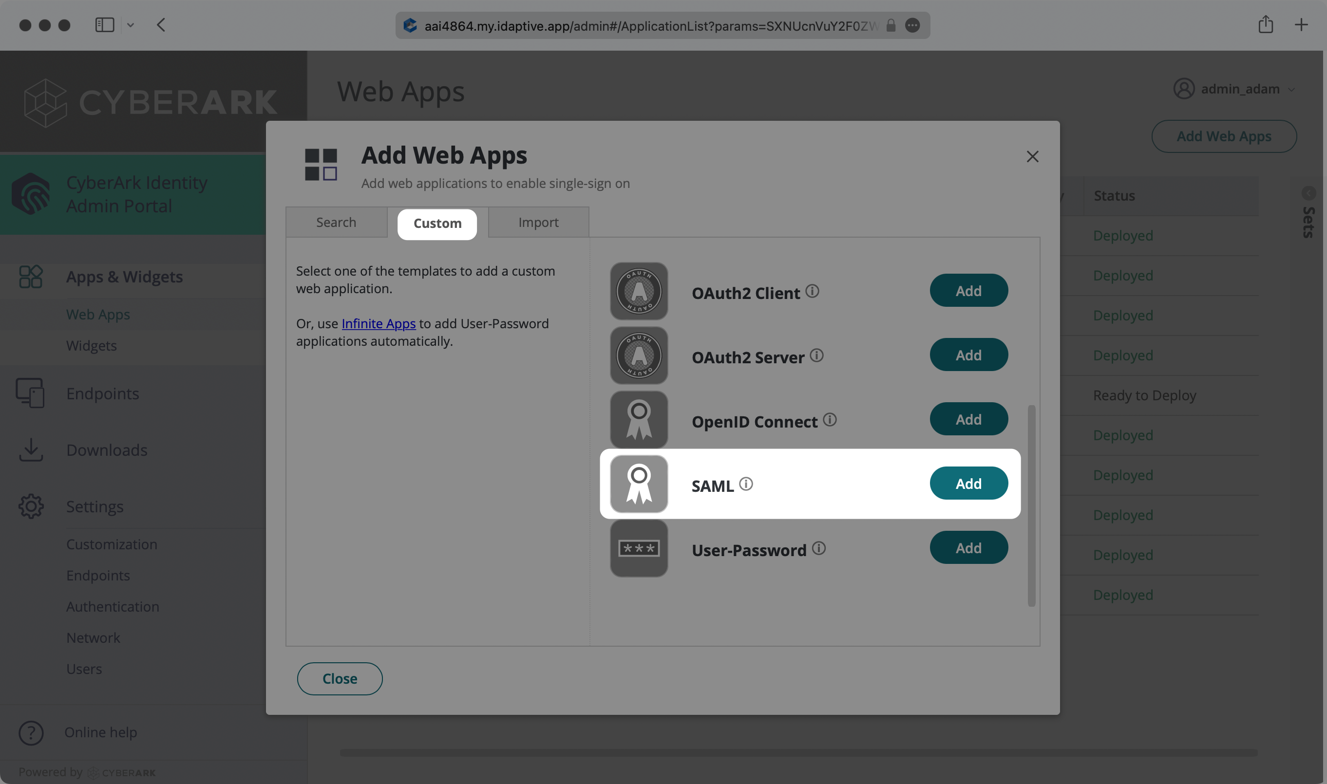 A screenshot showing how to select the "SAML" web application type in the CyberArk dashboard.