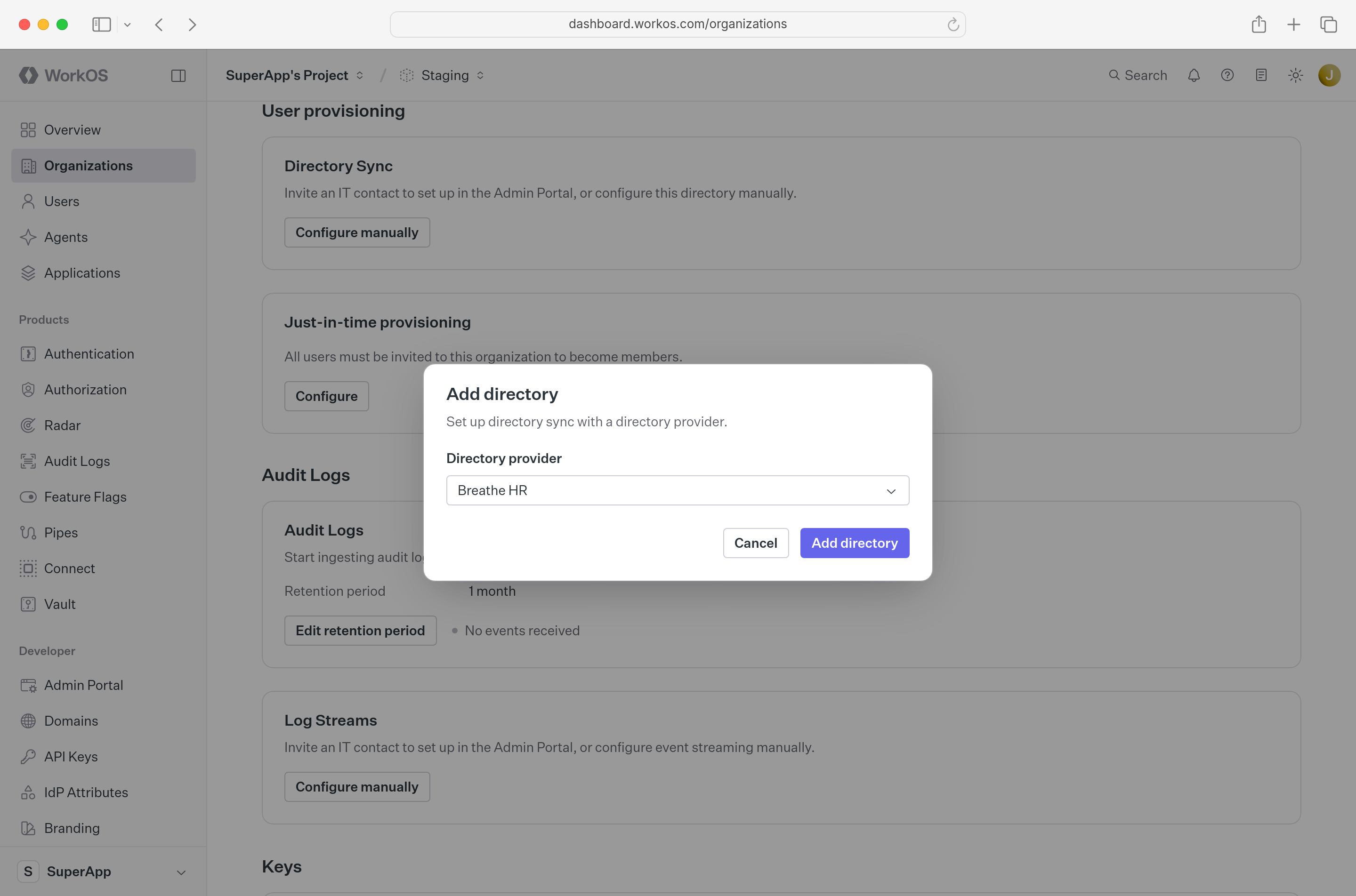 A screenshot showing the configuration of the “Create Directory” modal to create a Breathe HR Directory in the WorkOS dashboard.