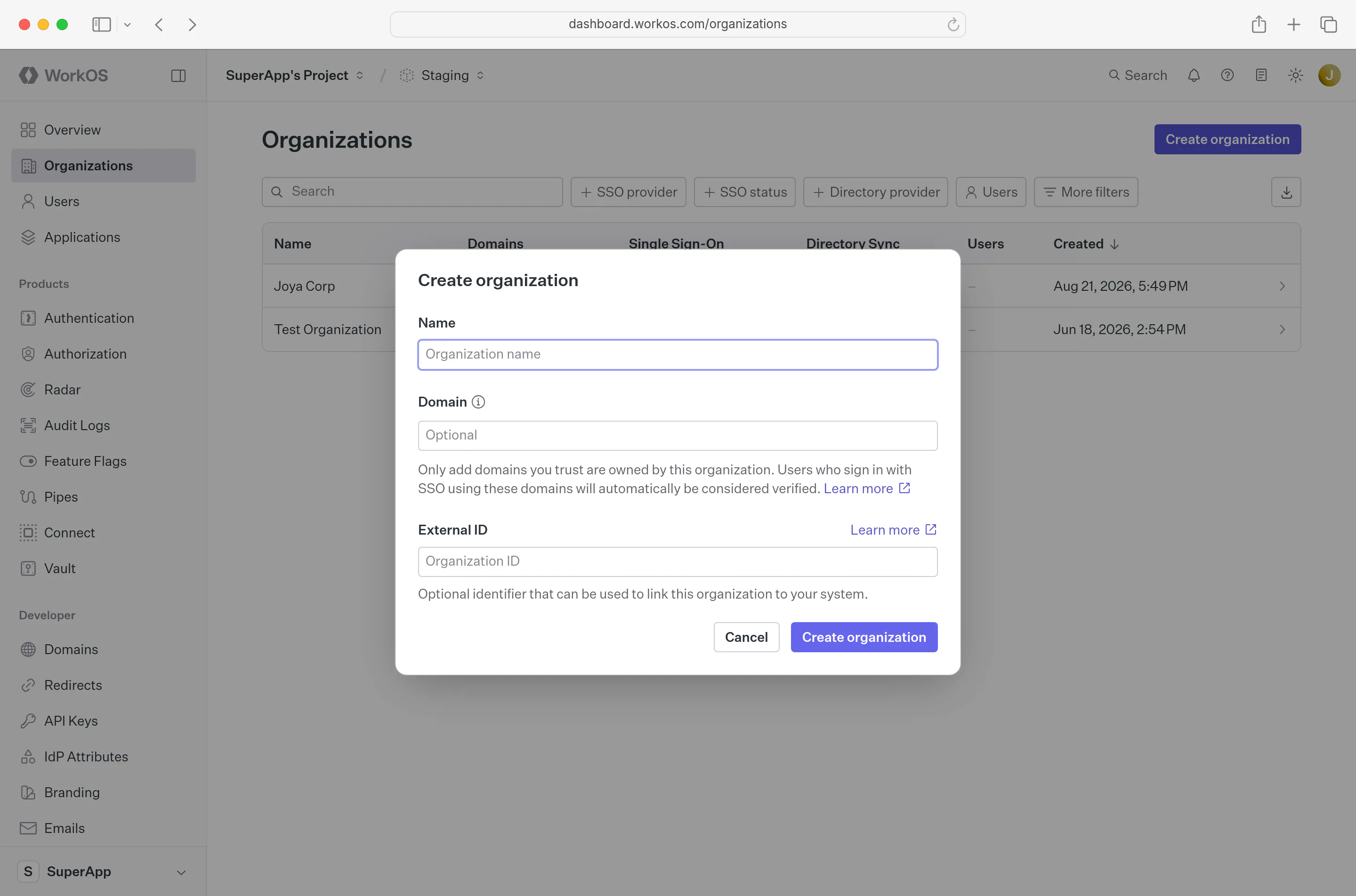 WorkOS dashboard UI showing organization creation