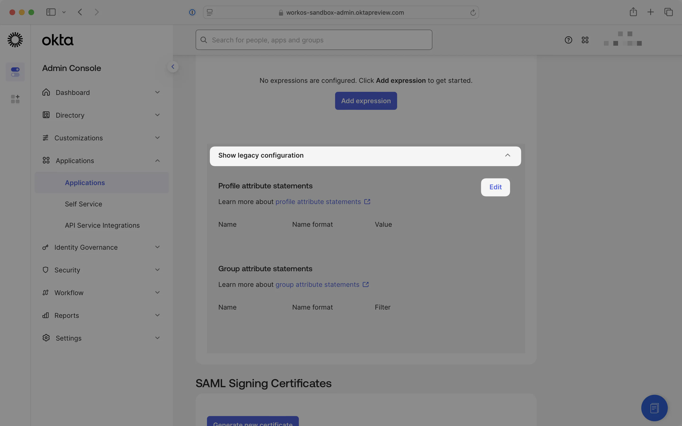 A screenshot showing the "Show legacy configuration" option in the Okta Dashboard.
