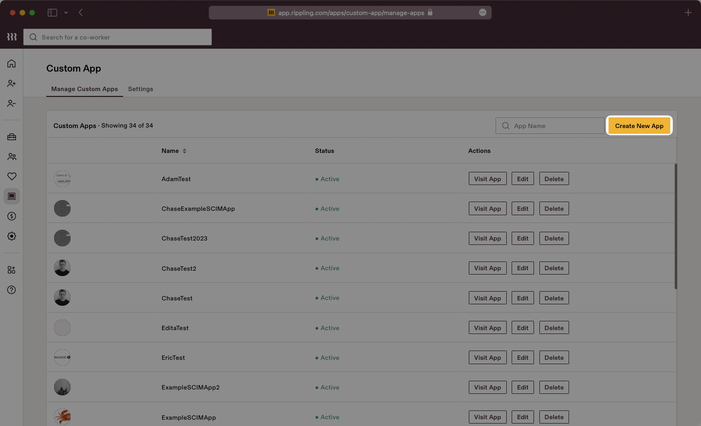 A screenshot showing where to select "Create New App" in the Rippling dashboard.