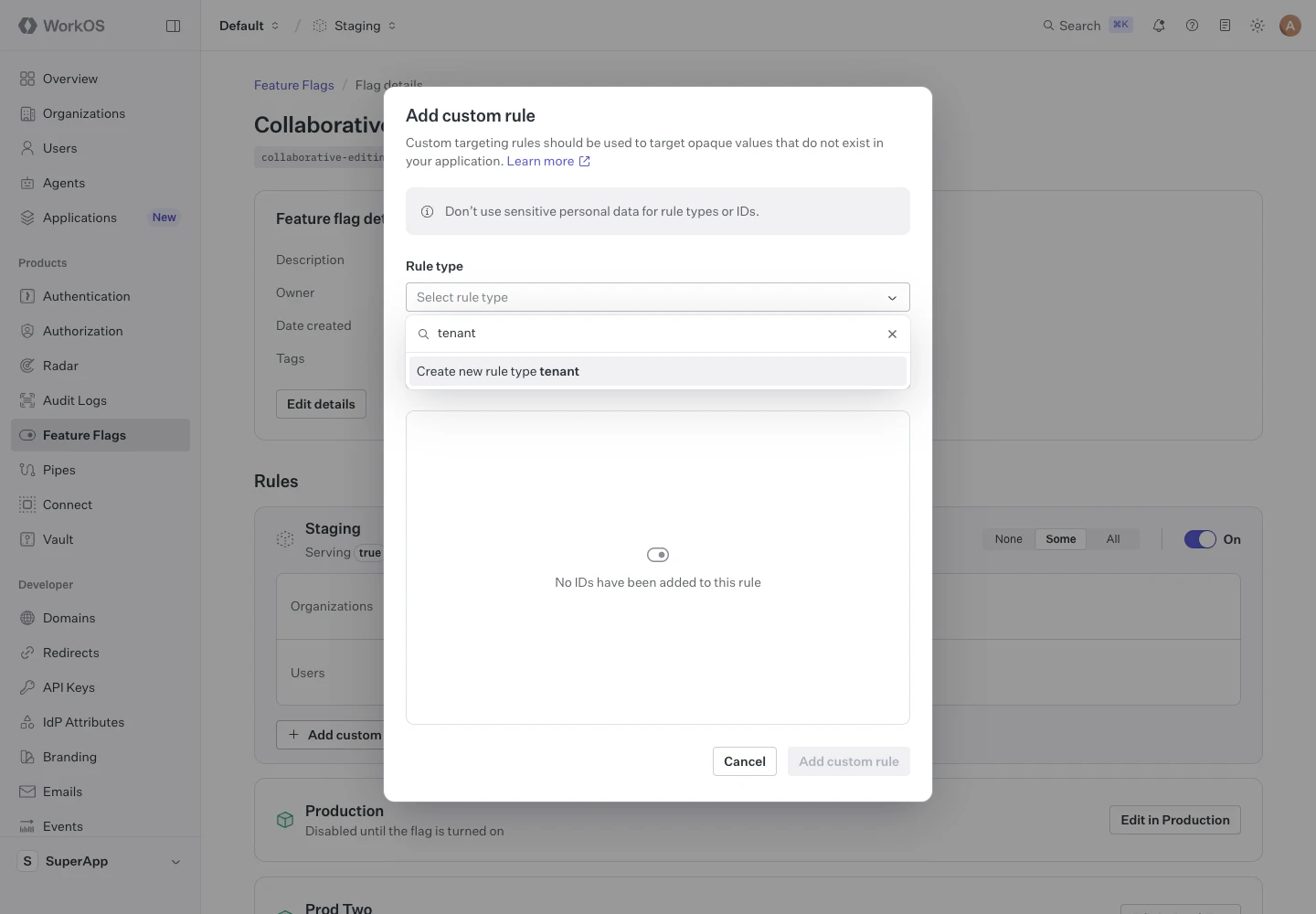 The rule type selector in the Add custom rule dialog, offering to create a new rule type named tenant.