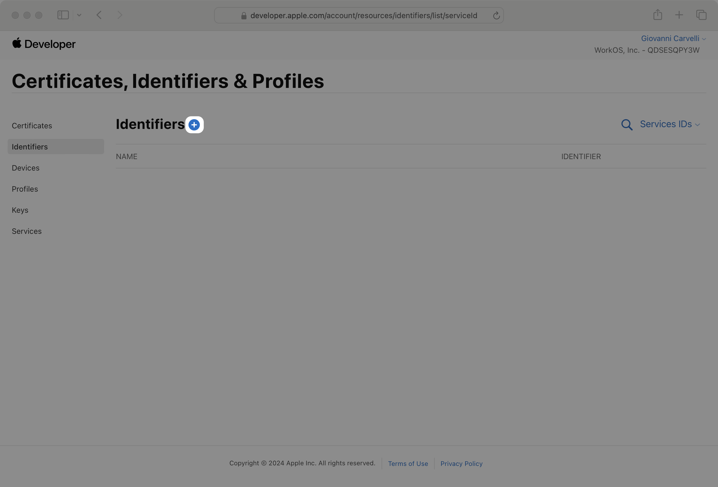 Identifiers page in the Apple Developer dashboard with Create Identifier plus button highlighted.
