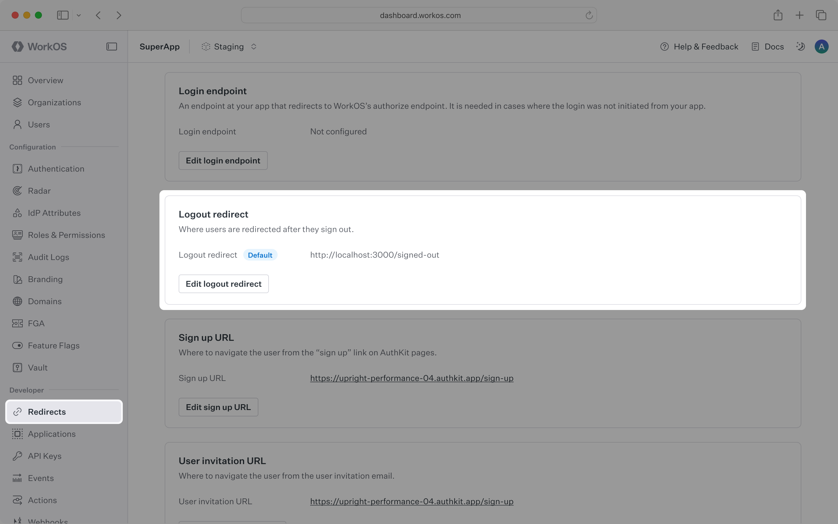 Logout redirect settings