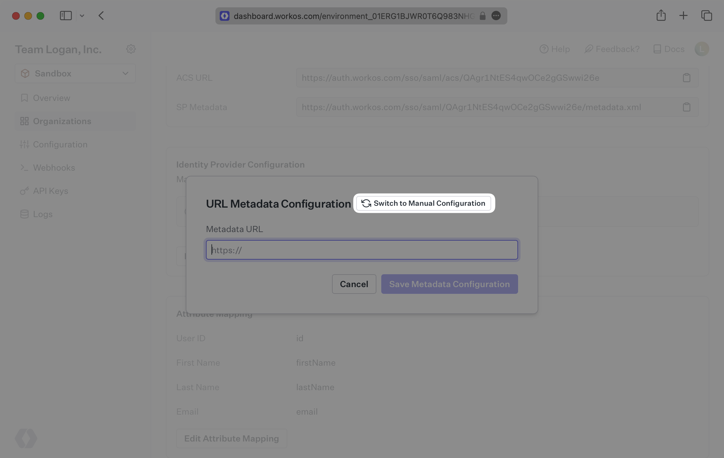 A screenshot highlighting the "Switch to Manual Configuration" button on the URL Metadata Configuration modal of a CAS SAML connection in the WorkOS Dashboard.