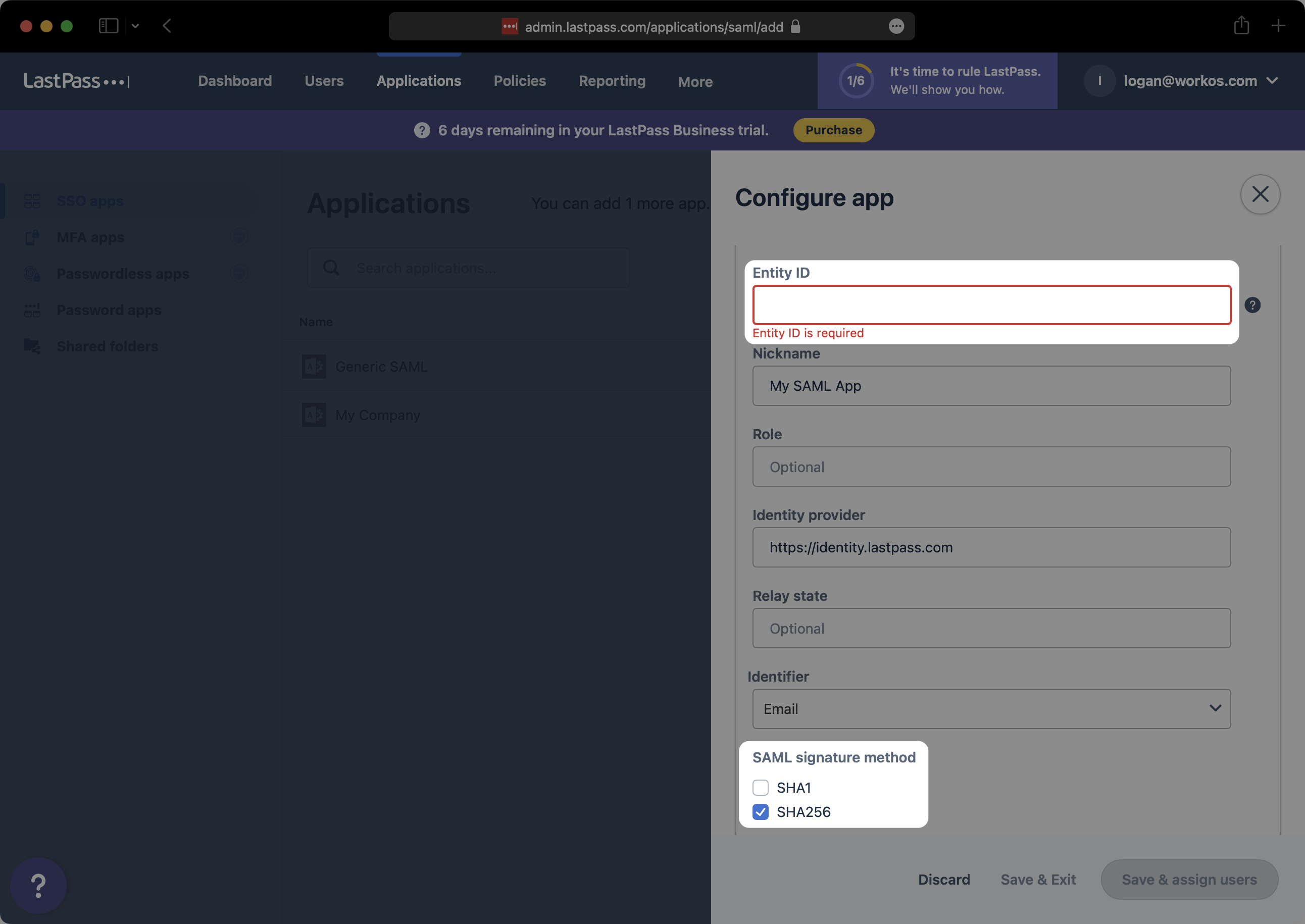 A screenshot showing where to add the Entity ID during the configuration app step in LastPass SAML Settings.