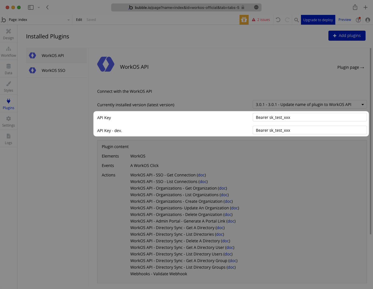 A screenshot showing where to enter environment variables in Bubble for the WorkOS API plugin.