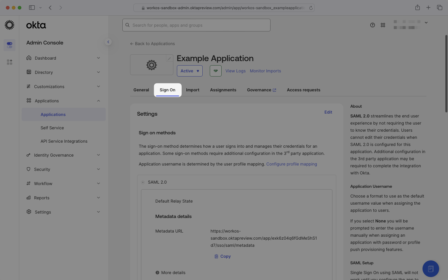 A screenshot showing the "Sign On" tab in the Okta SAML application.