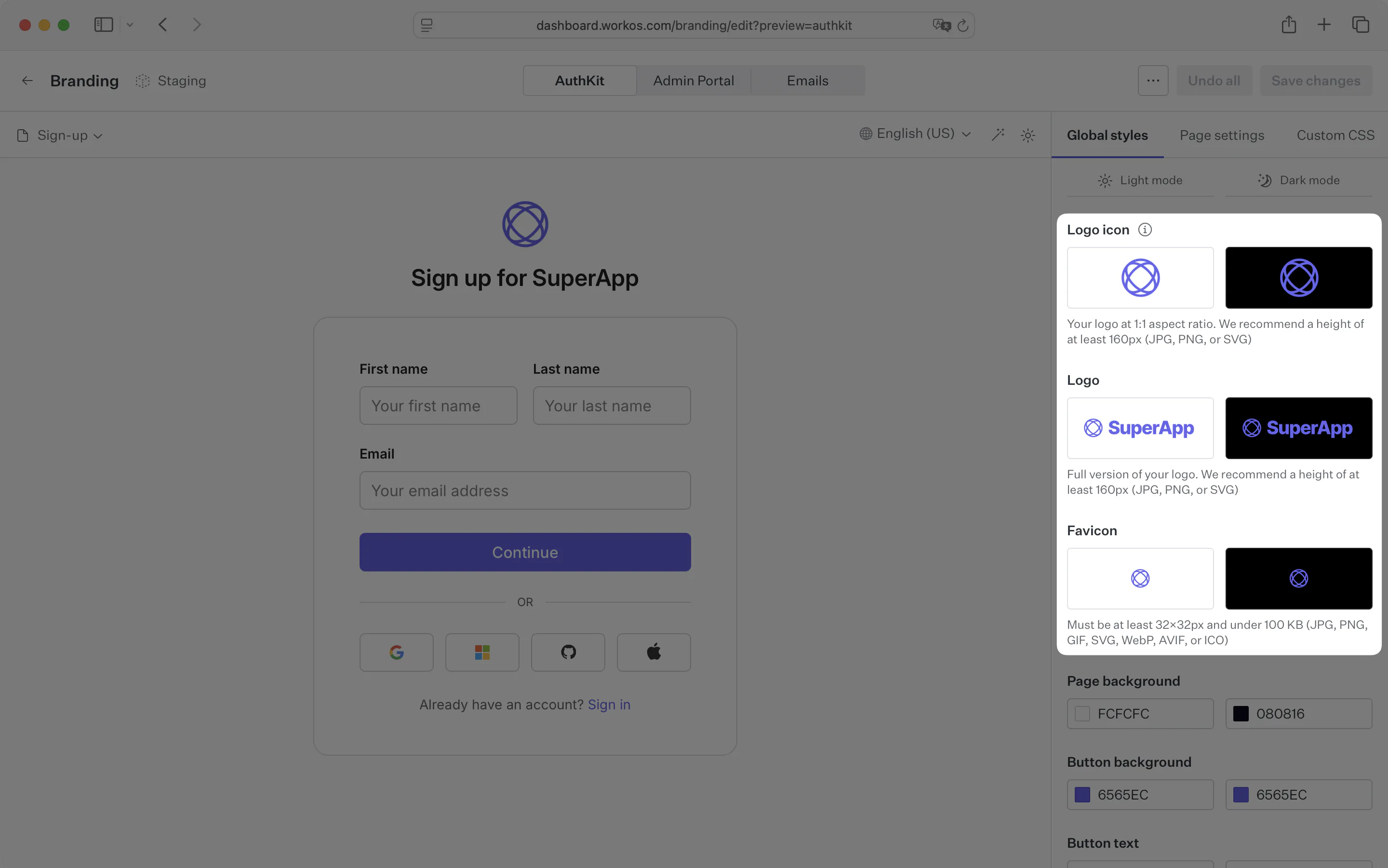 Asset options highlighted in the brand editor