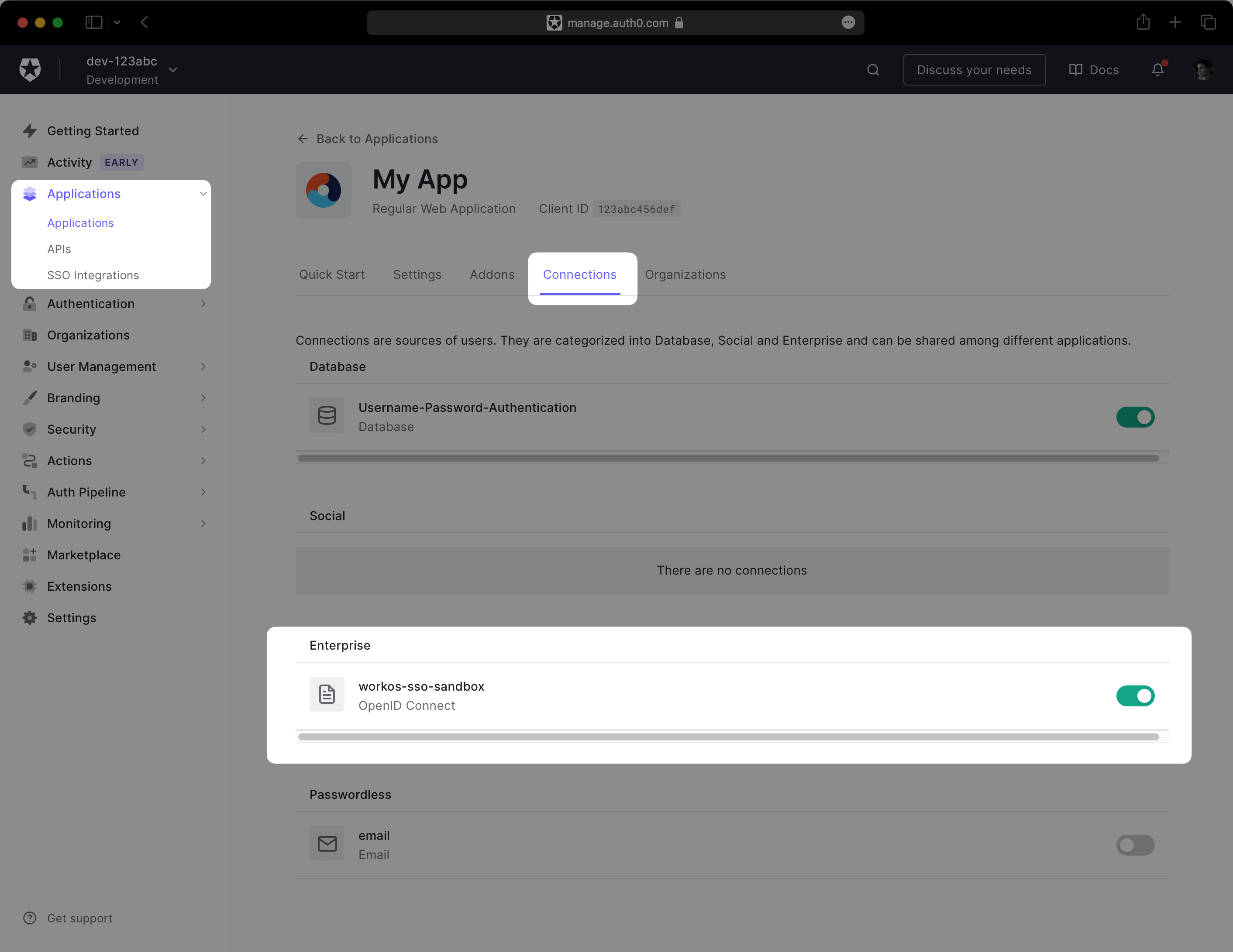 A screenshot showing enabled connections for an application in the Auth0 dashboard.