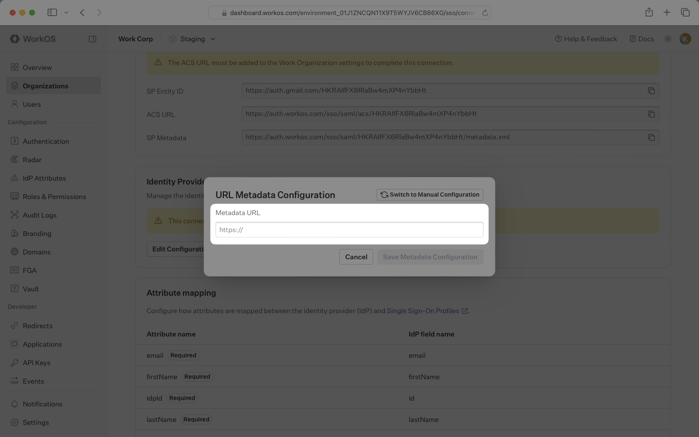 Upload IdP Metadata URL to WorkOS Dashboard