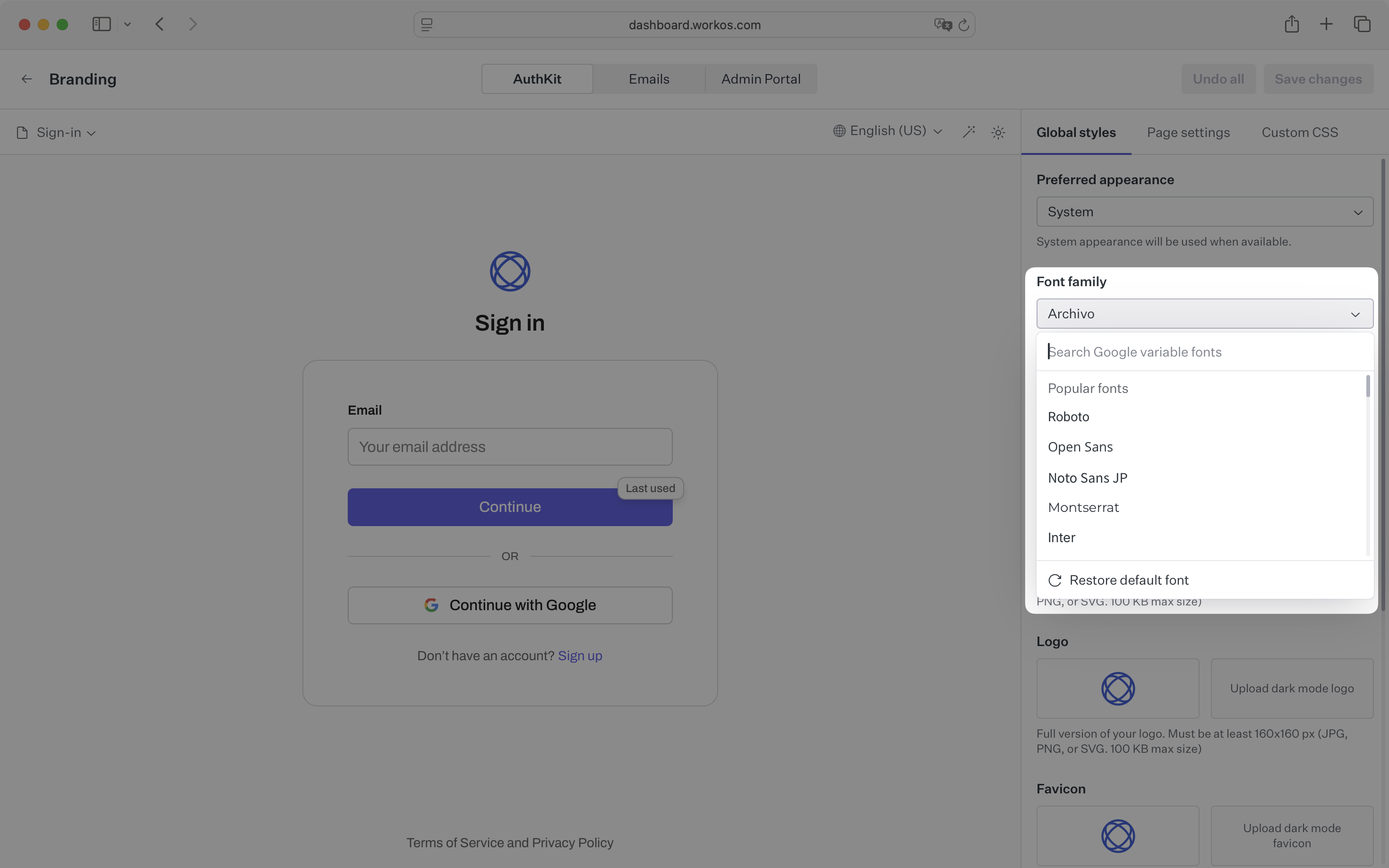 Font family options in the branding editor