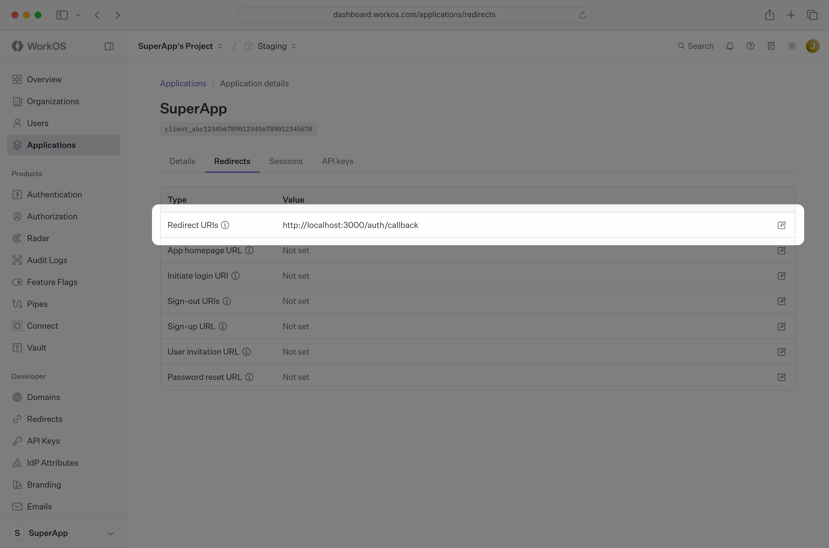 Dashboard Redirect URIs