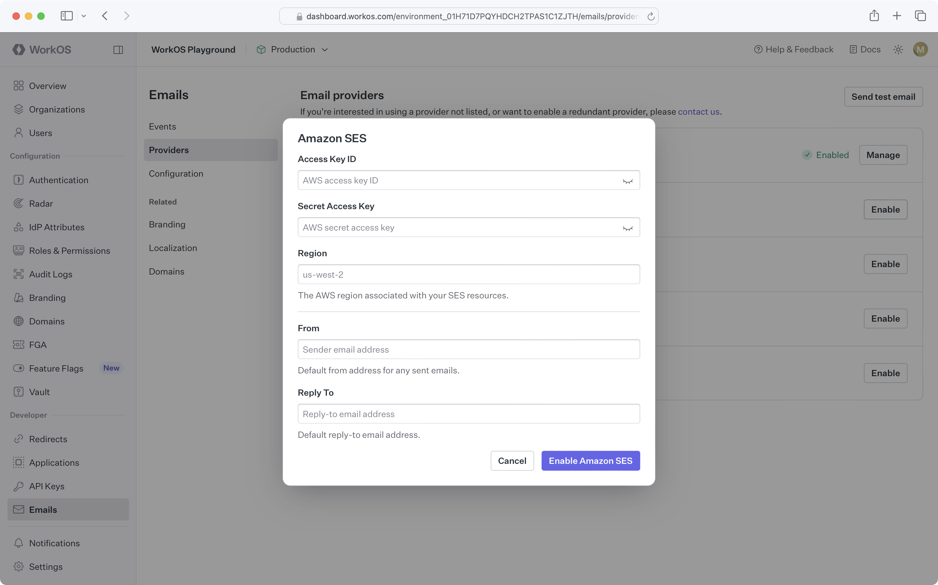 A screenshot showing the WorkOS Dashboard Amazon SES custom email provider configuration