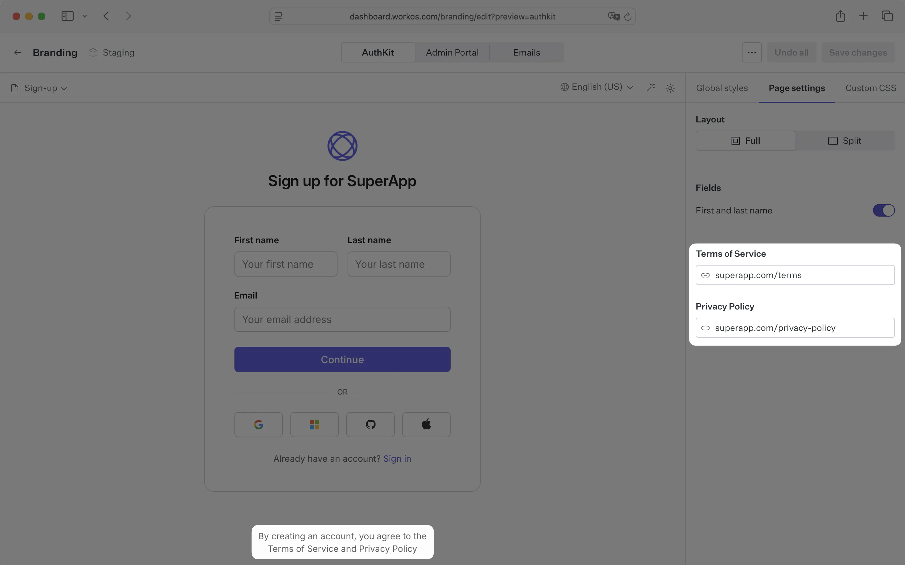 Terms of service and privacy policy links in the brand editor