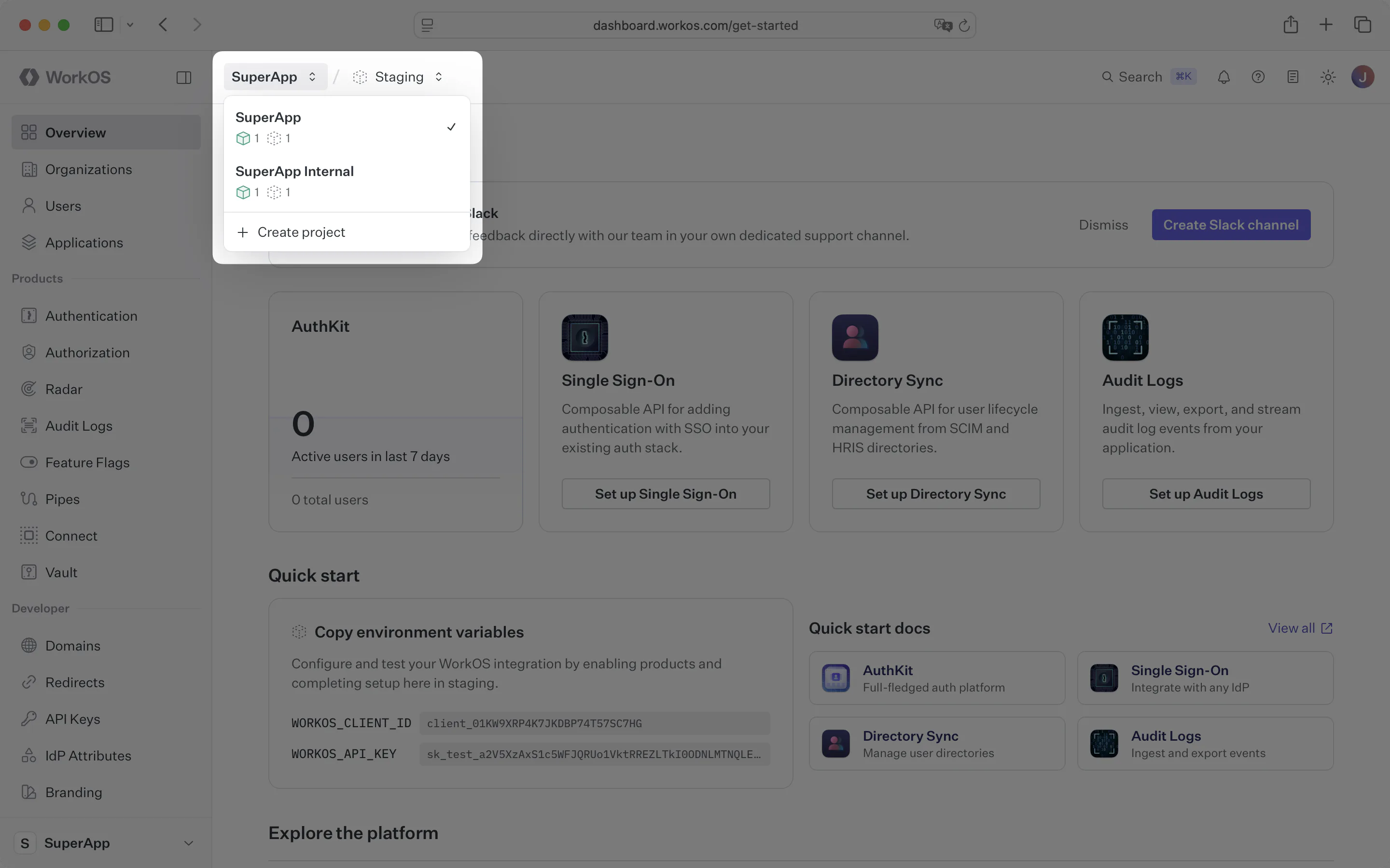 Project picker open in the dashboard