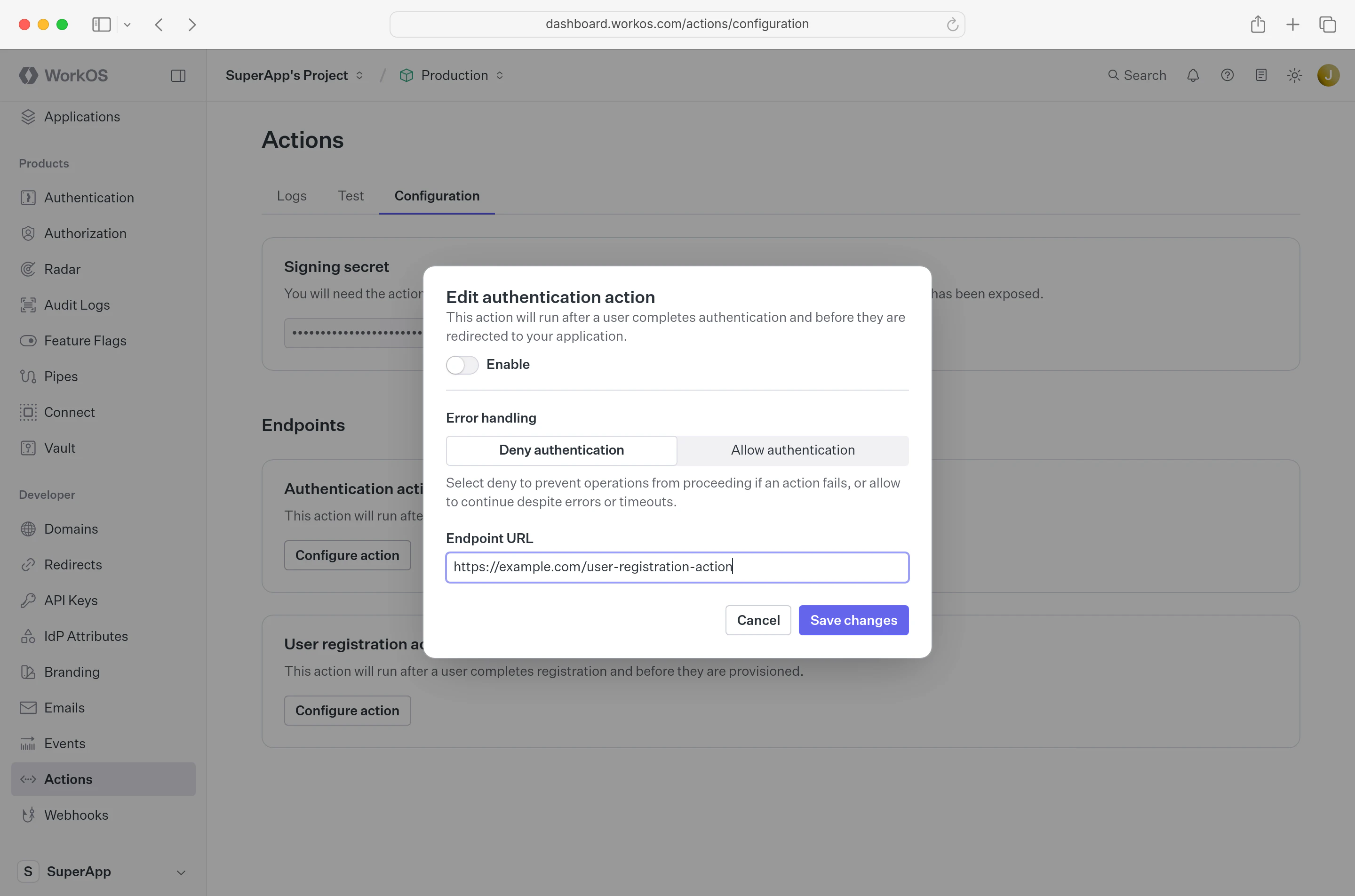 WorkOS Dashboard Actions UI