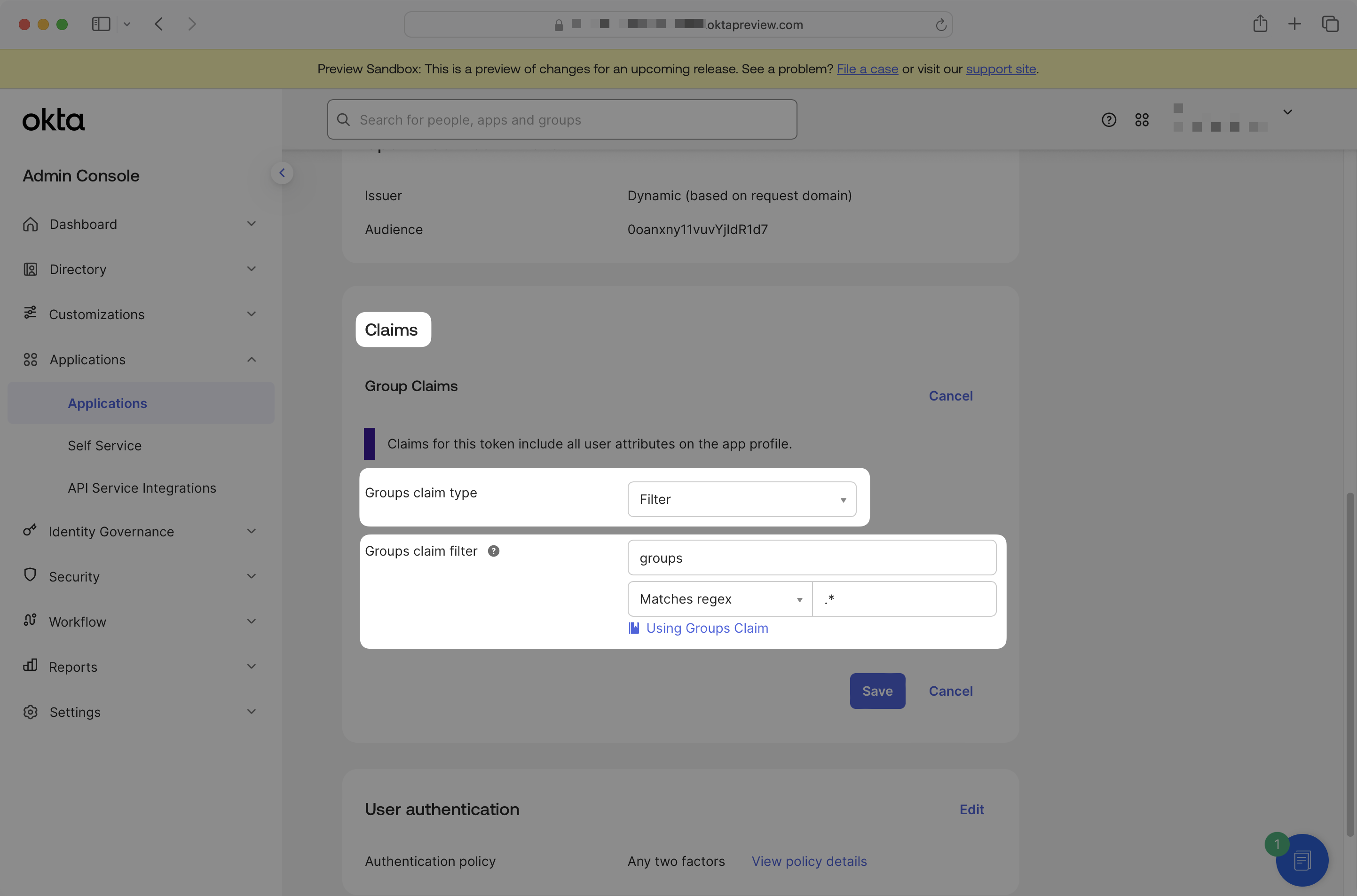 Groups claim configuration with claim type set to Filter and groups claim filter field