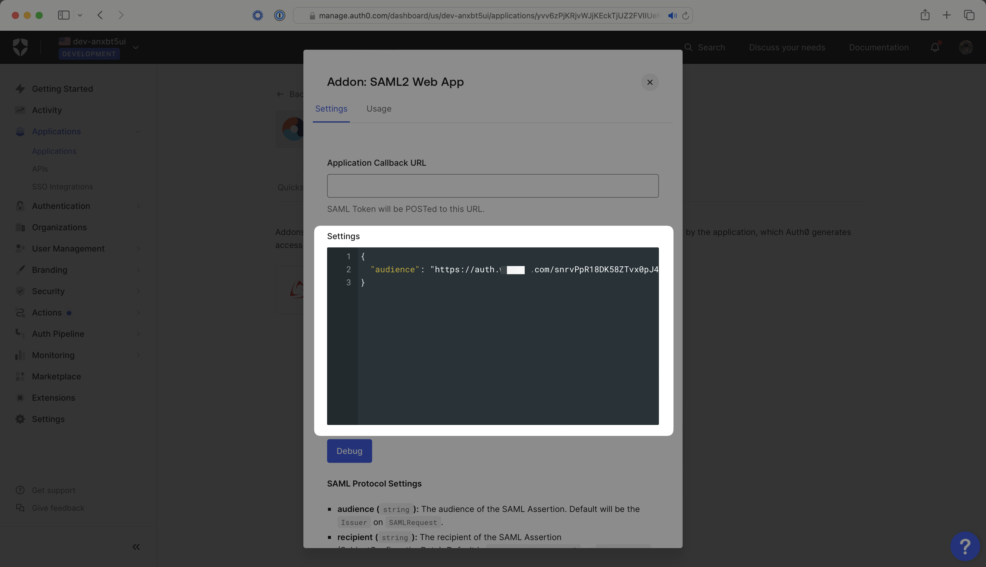 A screenshot showing where to set the SP Entity ID in the SAML2 web app settings for Auth0 applications.