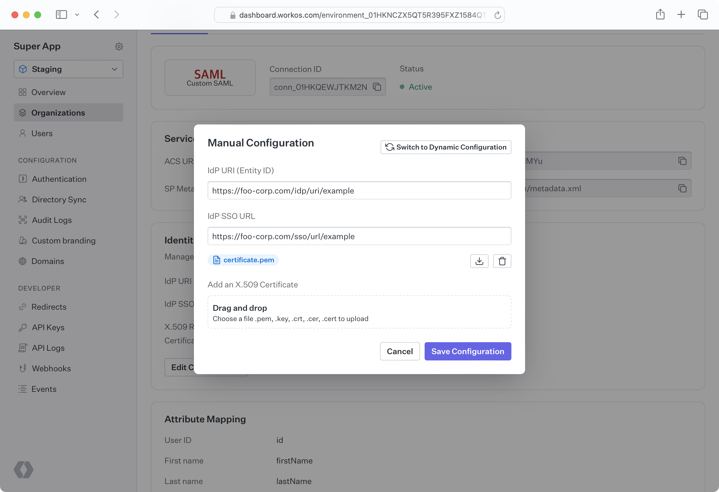 WorkOS Dashboard UI manually configuring a connection's Entity ID, IdP URL, and X509 certificate