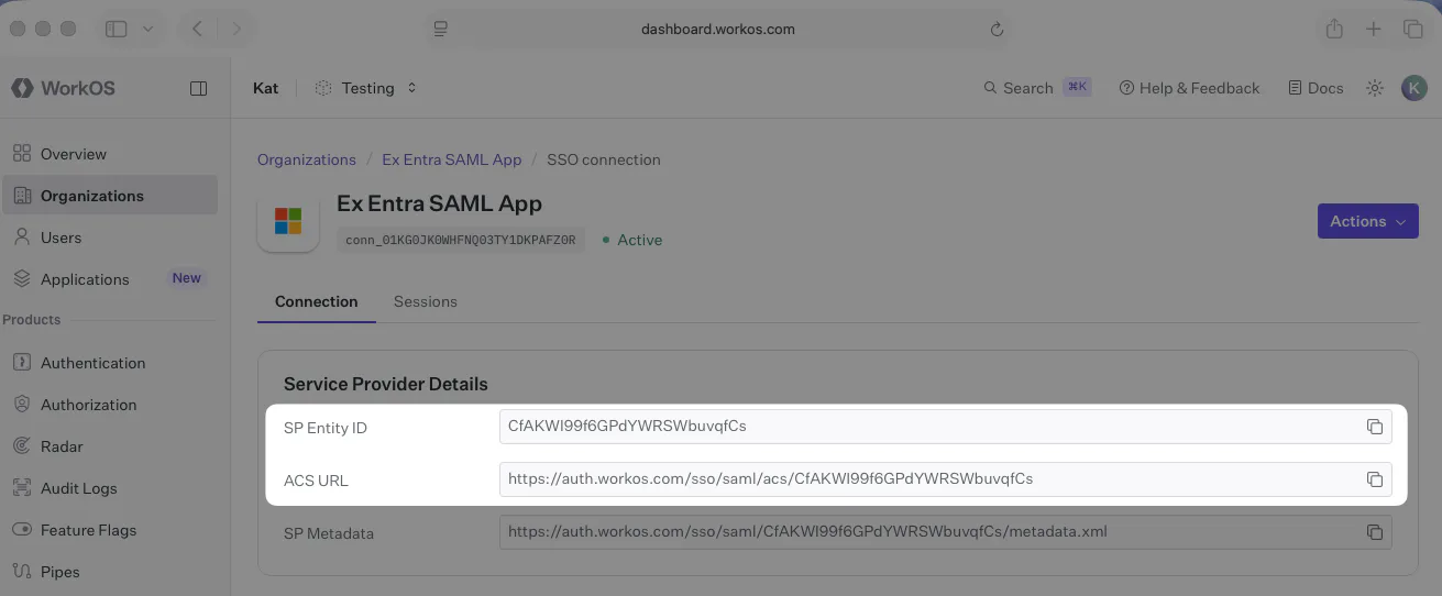 A screenshot showing the ACS URL and Entity ID in the WorkOS dashboard.