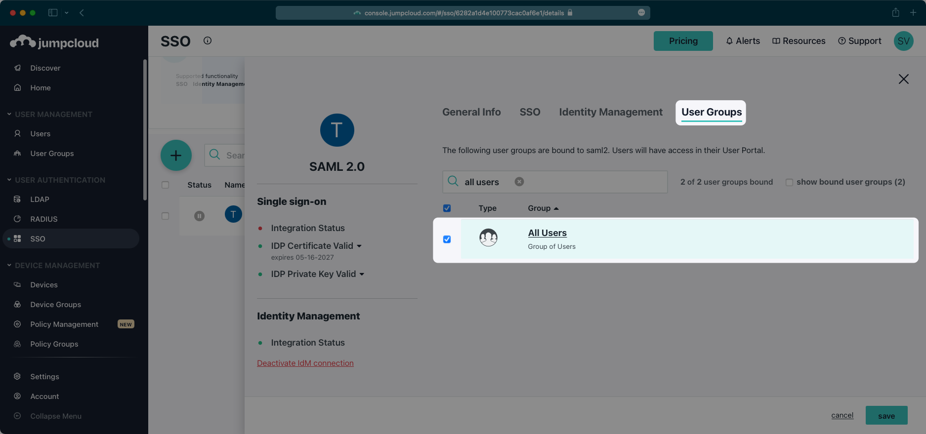 A screenshot highlighting the User Groups tab in the JumpCloud admin dashboard.