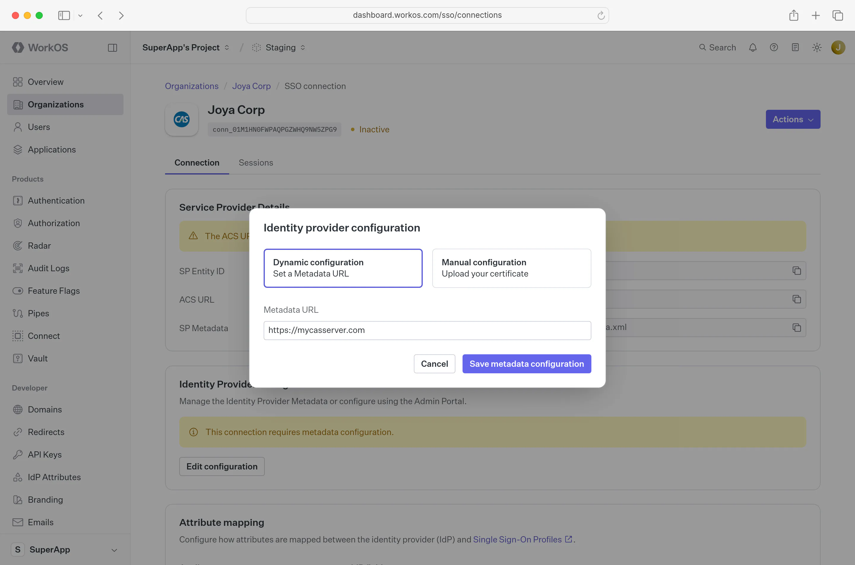 A screenshot highlighting the “URL Metadata Configuration” input of a CAS SAML Connection in the WorkOS Dashboard.