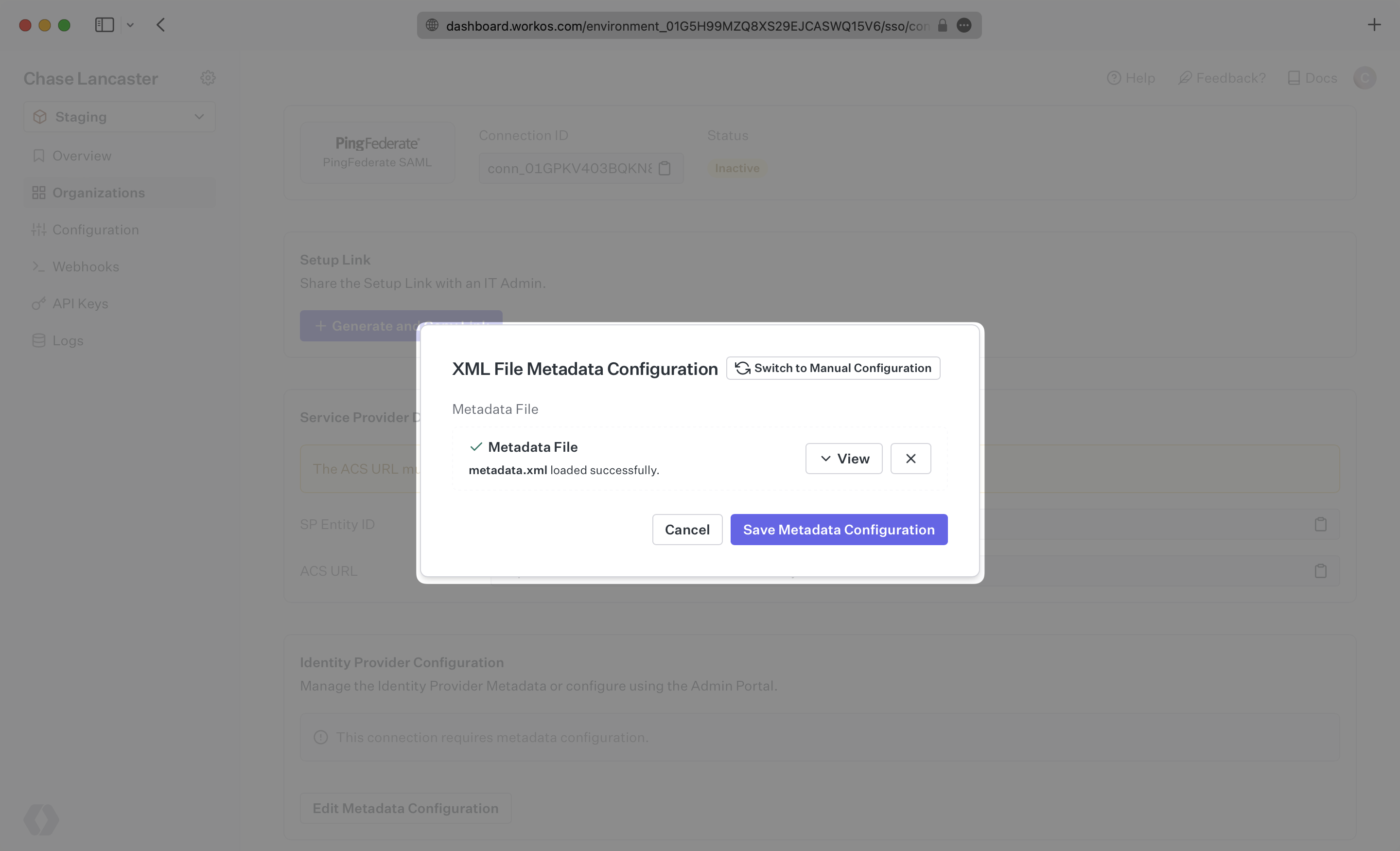 A screenshot showing where to upload the Metadata file in the WorkOS Dashboard.