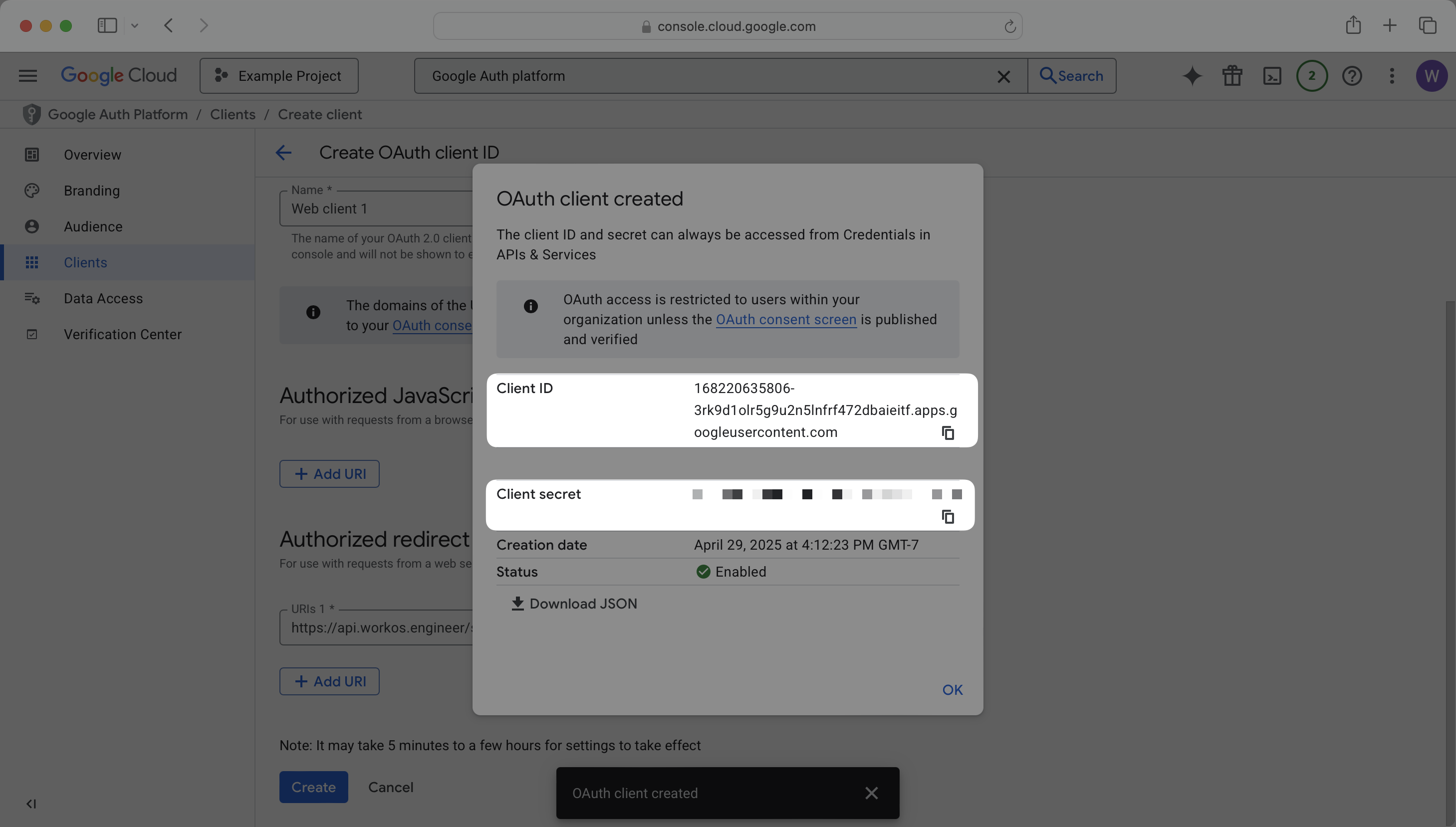 OAuth client created modal displaying Client ID and client secret
