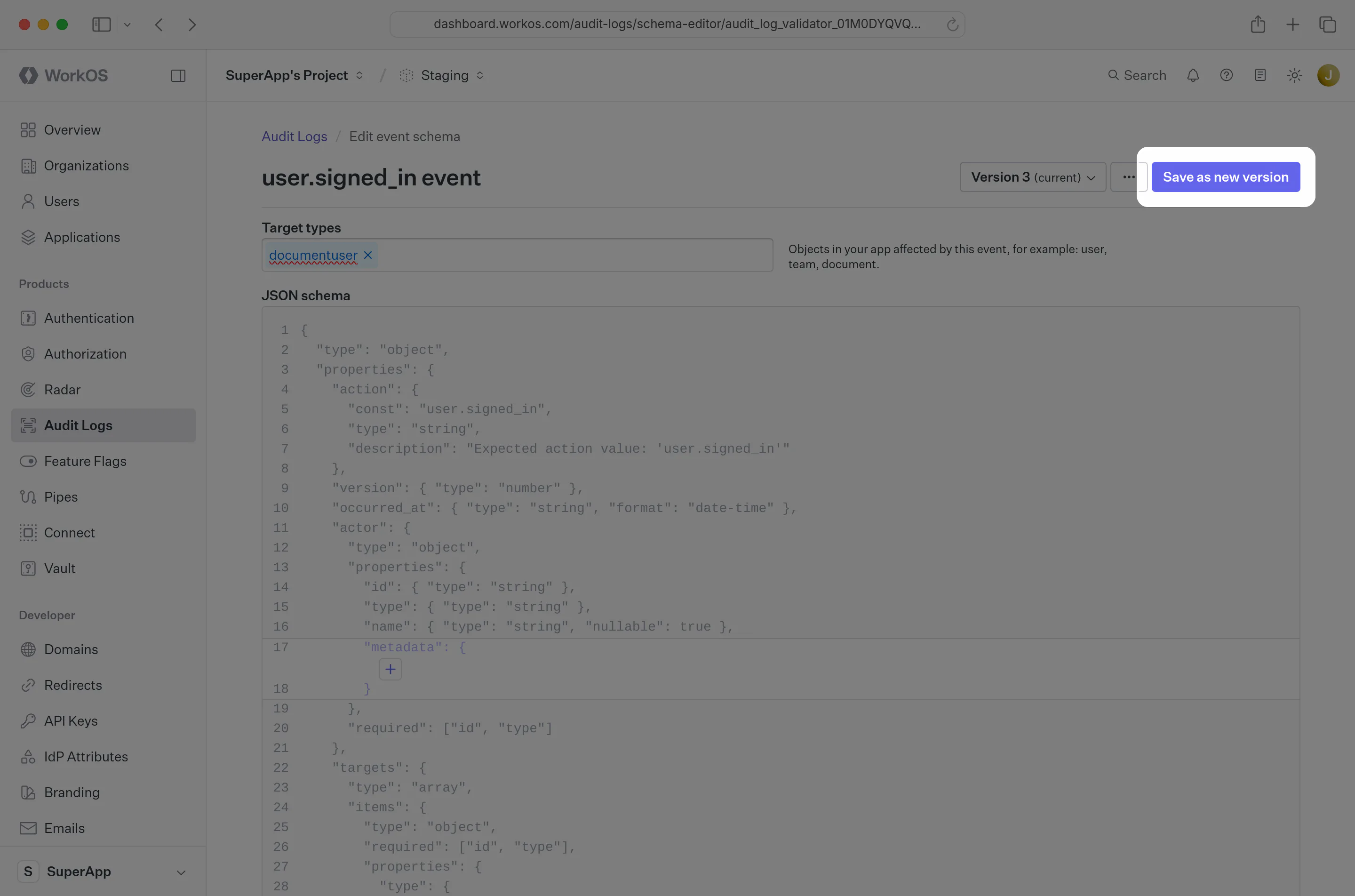 A screenshot showing the “Save as new version” button in the schema editor in the WorkOS Dashboard.