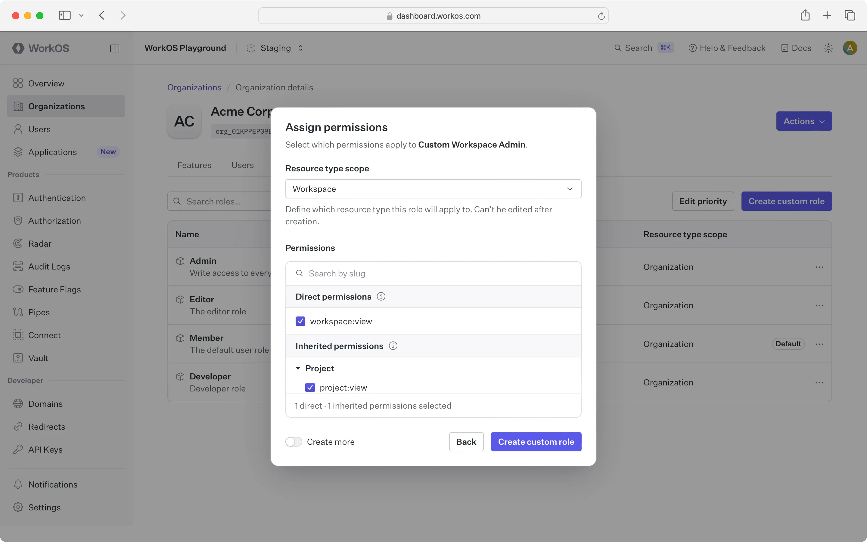 Create custom role permissions step