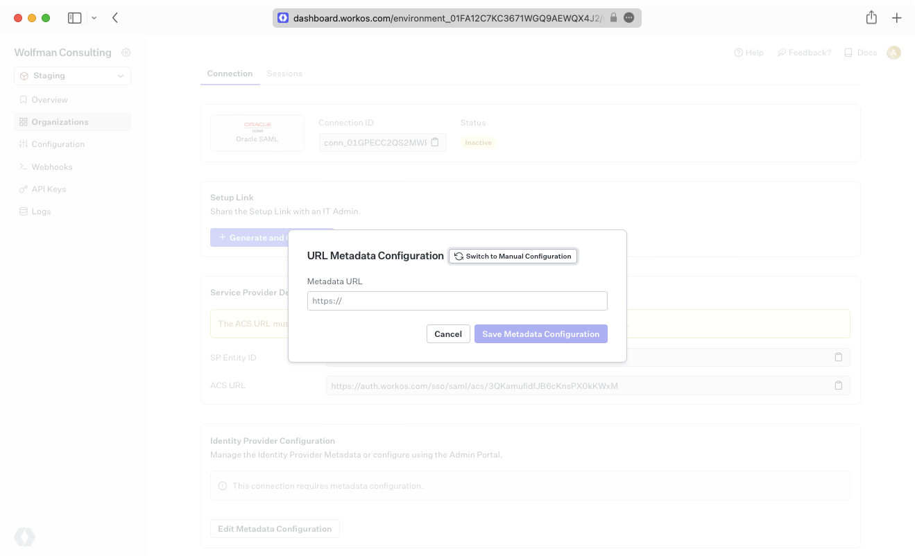 A screenshot showing where the IdP Metadata URL is entered in the WorkOS Dashboard.