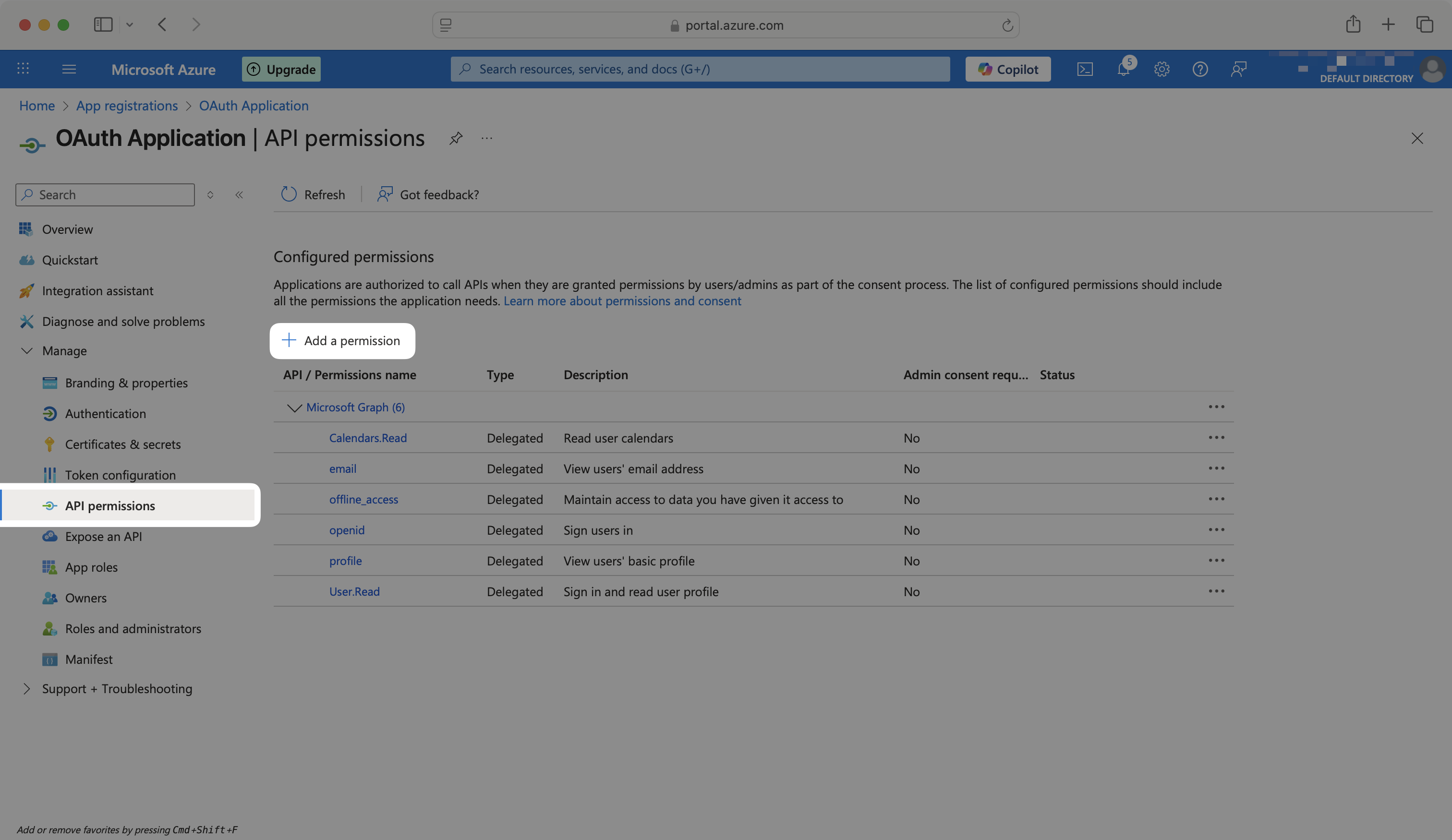 A screenshot showing Microsoft OAuth scopes configuration in Azure App Registration