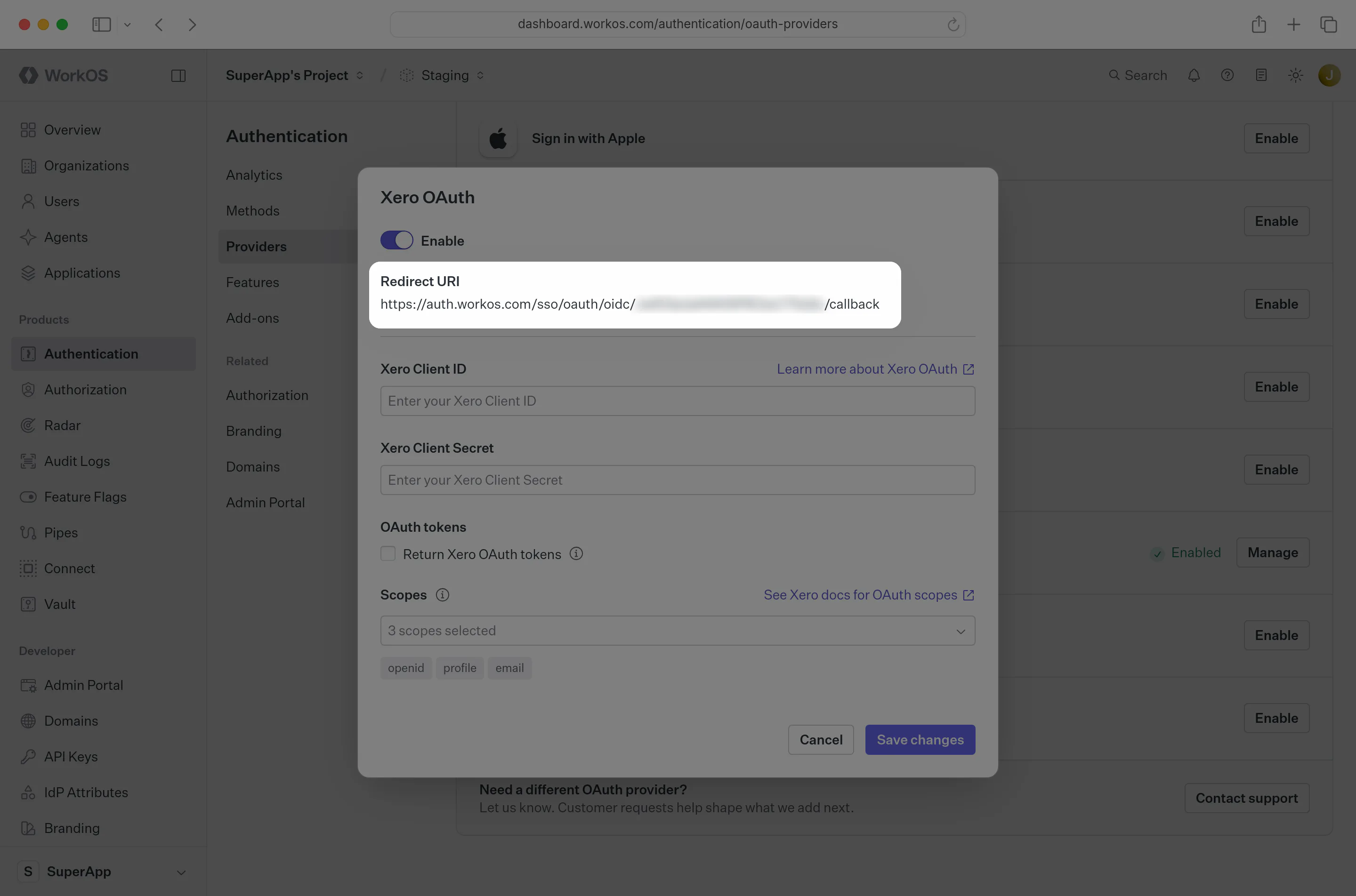Xero OAuth Redirect URI in the WorkOS Dashboard.