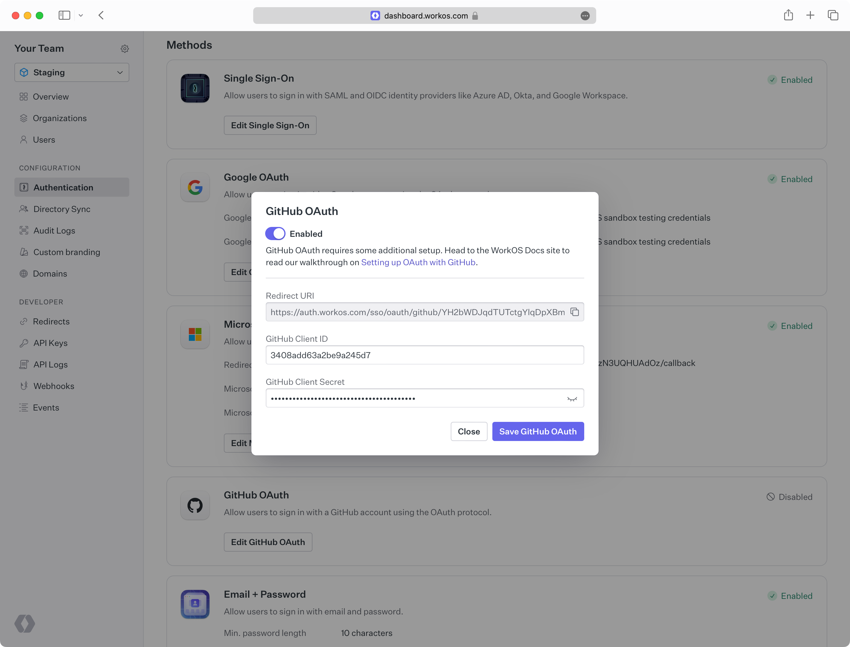 A screenshot showing GitHub client credentials entered in the WorkOS dashboard